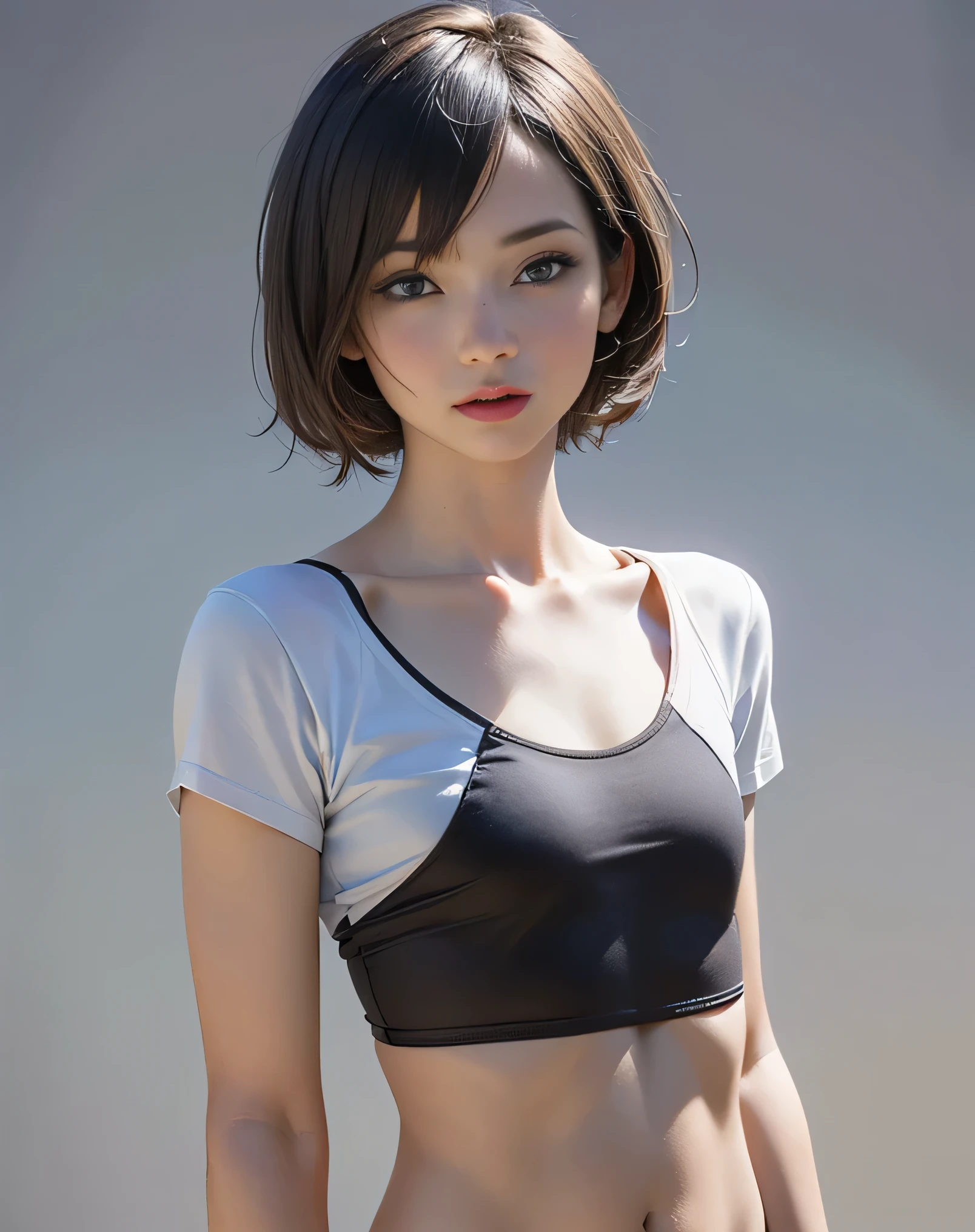 (Realistic:2.0),(High resolution:1.5),(1girl:1.5),(solo:1.6),(bloom),(slim Body:1.7),(looking at viewer),(Flat chest:1.8),(Realistic eyes),(Cropped T-shirt:1.3),(cool beauty:1.2),(tall height),(Female university student),(gallant),(very short hair:1.4),(bangs),mini_shorts,