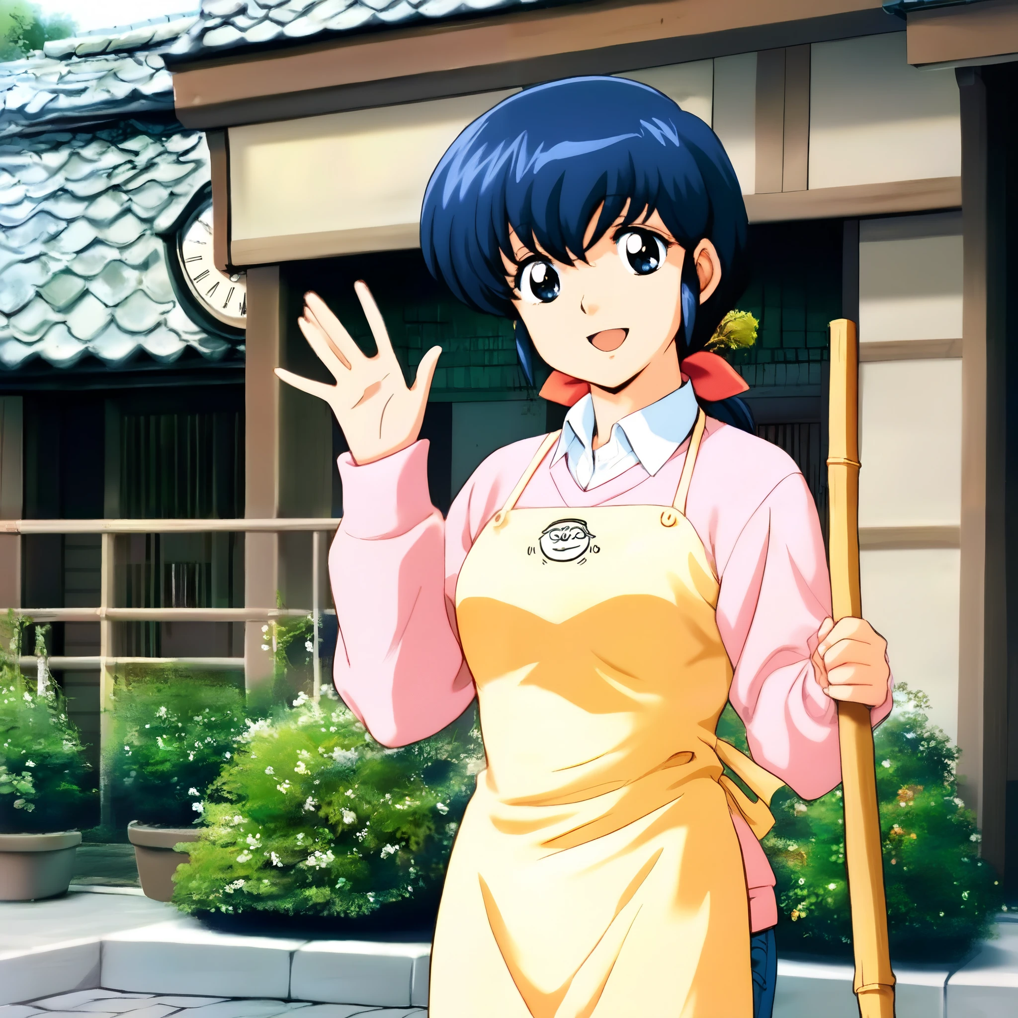 kyoko,masterpiece,best quality,good quality,1girl,solo,, MaisoMaison_ikkoku_style:1.8,, detailed eyes,,looking at viewer,pink sweater,white collared shirt,yellow apron,jeans,cowboy_shot,broom,having a broom,waving,smile,:d,gentle smile,fine weather,japanese-style building with two floors and outer walls of wood grain,japanese traditional tile roof,japanese style building,entrance to the center of the building,there is a roof with a clock mounted on the top of the building,pillars of the entrance porch,each floor has windows with multiple lattices,garden around the building,trees and planting,low concrete fence on the outside of the building,