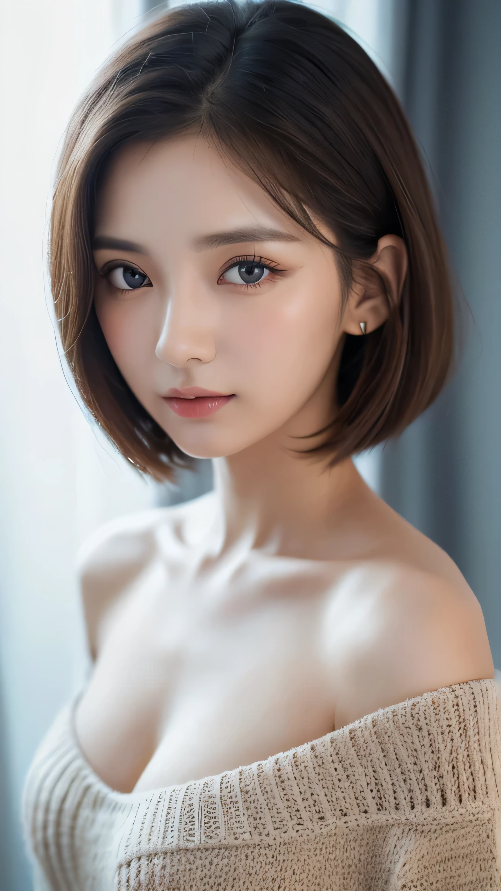 Mature woman 27 years old cute girl、Sweet girl、hposing Gravure Idol、A detailed face、Super detailed cute eyes、Realistic lips、Realistic and clean skin、Smile of embarrassment、Wavy brown short-cut hair、​masterpiece、top-quality、超A high resolution、(Photorealsitic:1.4)、beautiful  lighting、Raw photography、8K UHD、Lighting the face、