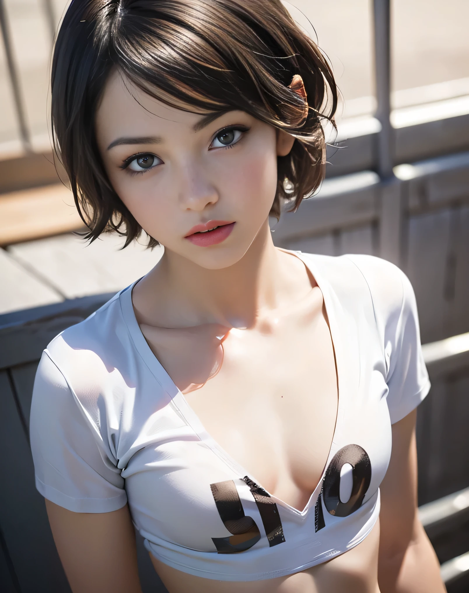 (Realistic:2.0),(High resolution:1.5),(1girl:1.5),(solo:1.6),(bloom),(slim Body:1.7),(looking at viewer),(Flat chest:1.8),(Realistic eyes),(Cropped T-shirt:1.3),(cool beauty:1.2),(tall height),(Female university student),(gallant),(very short hair:1.4),(bangs),mini_shorts,