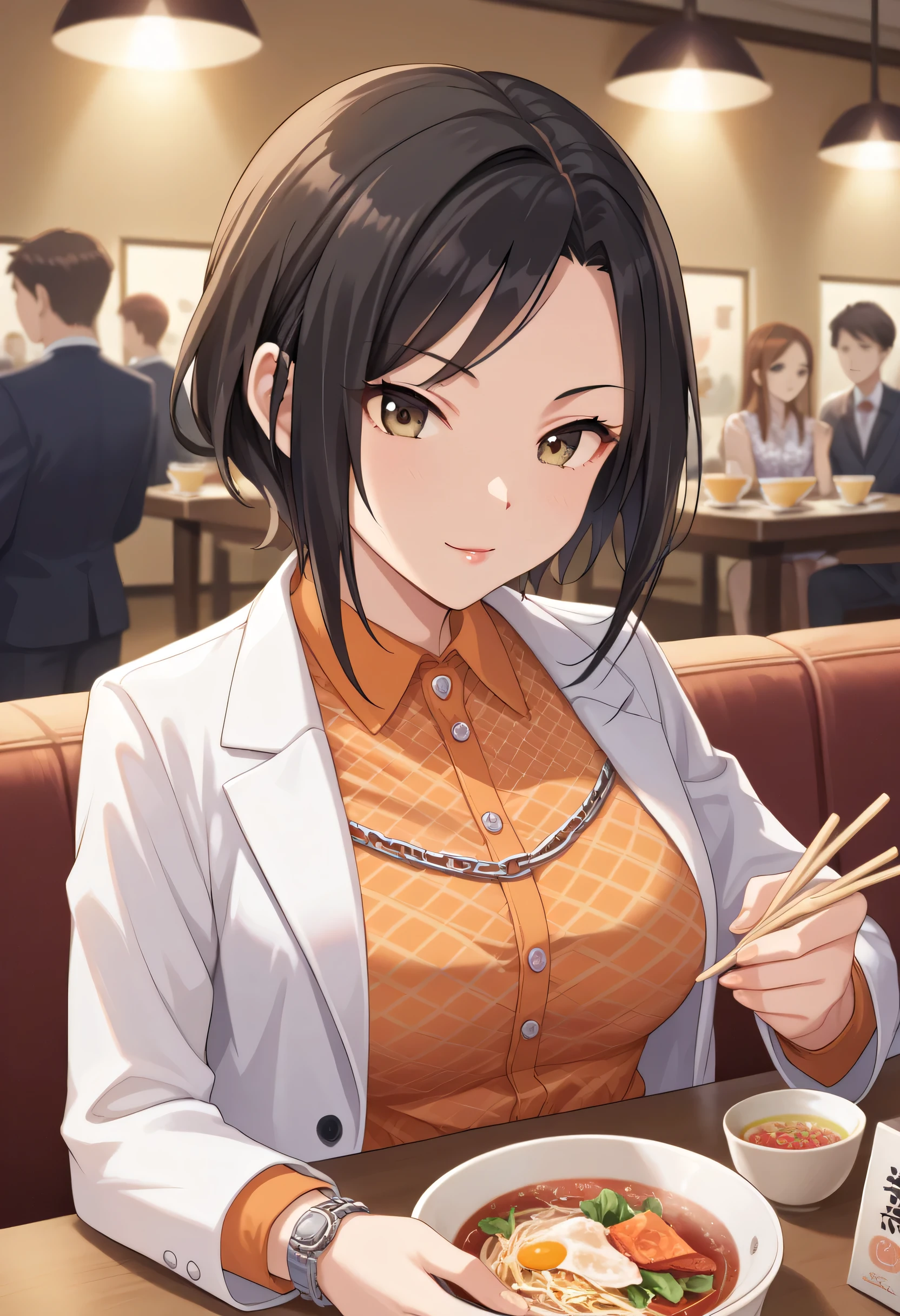 score_9, score_8_ up, score_7_ up, source_Anime,Drawn in the art style of Takumi Mukai , long hair, black hair, hazel eyes, Alone, Watch Your Audience, short hair, black hair, 1 girl, upper body, female-focused , collared shirt , are blurry, white jacket , formal, suit, orange shirt, chain pattern shirt, is sitting, Ramen, dining room ,