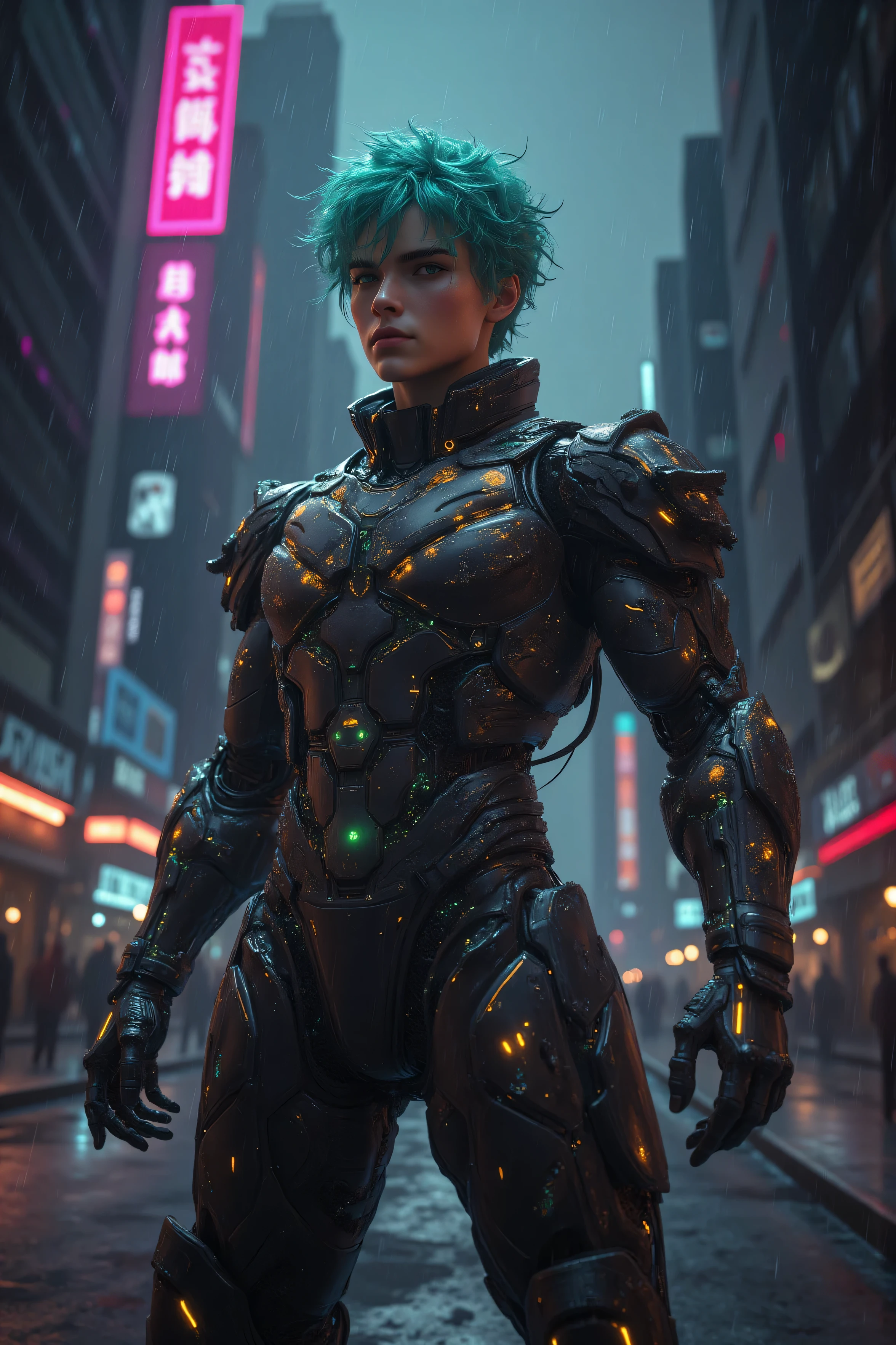 Strongman, green hair, cyber, young