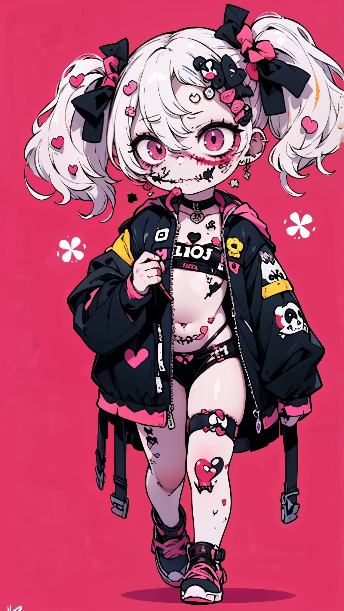 Cyberpunk_Edge_Runners, High Resolution, Spoiler, 1 Girl, Artificial_Eye, Black_Jacket, Blood, Blood_from_eye, blood_from_Mouth, Colored_Sclera, Colored _Dead, Skin Dead, Flower _End, Jacket, Mechanical_eye, Open_Clothes, open_Jacket, Petals Pink_Tattoo, Red_eye, red_Sclera, Signature, Abdomen_Tattoo, Symbols_in_eye tattoo, twin tail hair, neon sign, grow light, zombie, walking,