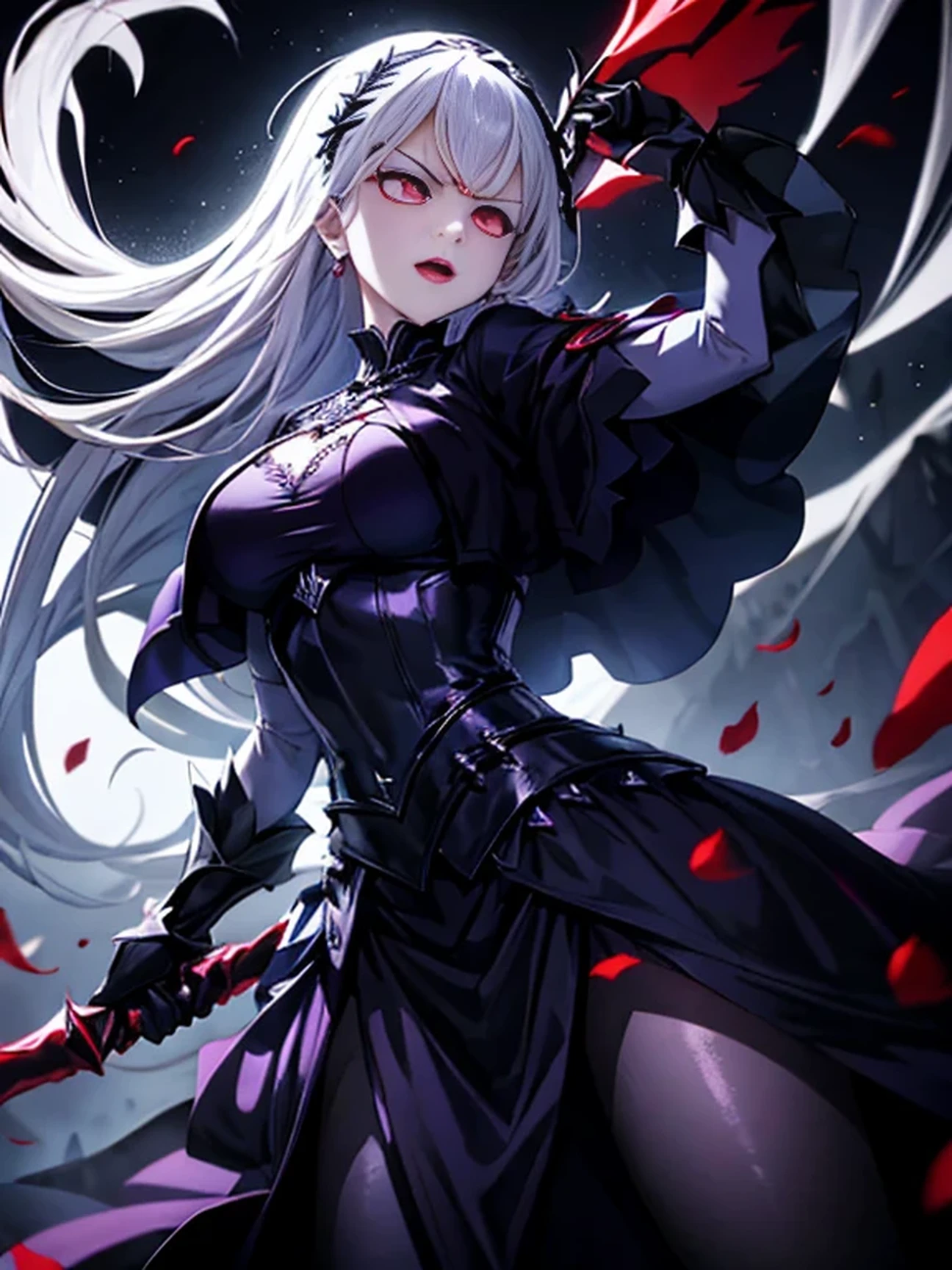 Evil female phantasm with red claws and an open mouth I saw a dress and an evil eye and Uze a tough weapon light but a wicked woman wearing a dark maiden dress is a serious face a cloaked dress