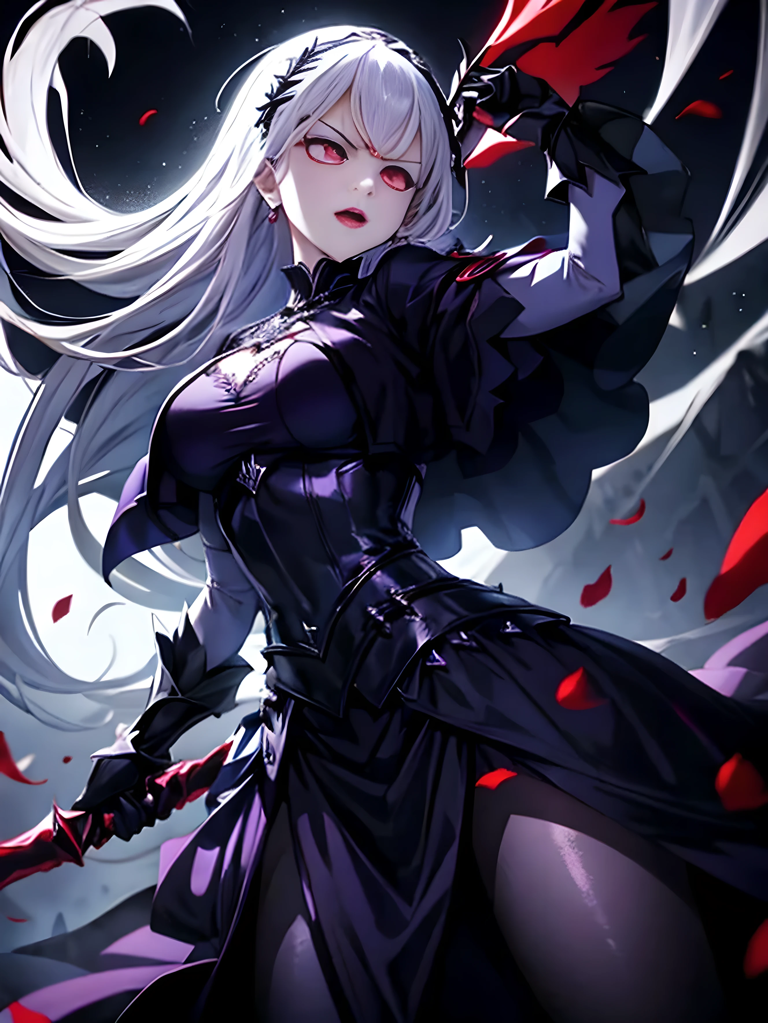 Evil female phantasm with red claws and an open mouth I saw a dress and an evil eye and Uze a tough weapon light but a wicked woman wearing a dark maiden dress is a serious face a cloaked dress