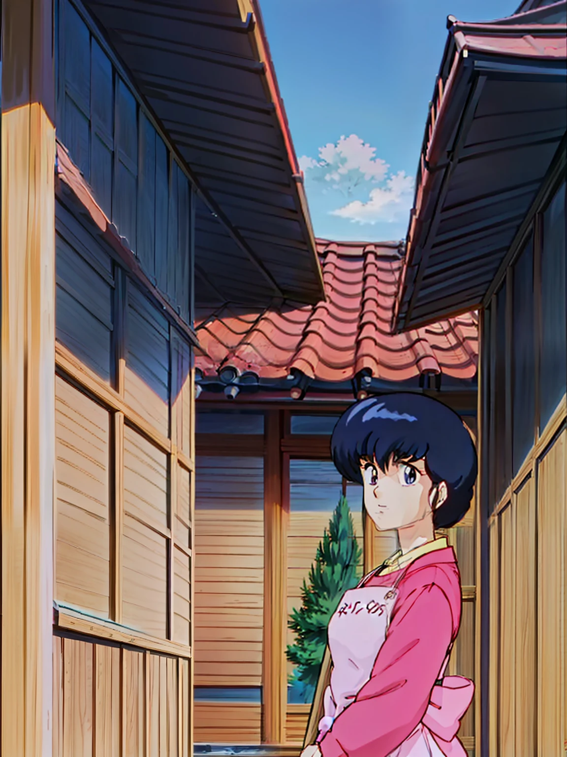 kyoko,masterpiece,best quality,good quality,1girl,solo,, MaisoMaison_ikkoku_style:1.8,, detailed eyes,,looking at viewer,pink sweater,white collared shirt,yellow apron,jeans,cowboy_shot,broom,having a broom,waving,smile,:d,gentle smile,fine weather,japanese-style building with two floors and outer walls of wood grain,japanese traditional tile roof,japanese style building,entrance to the center of the building,there is a roof with a clock mounted on the top of the building,pillars of the entrance porch,each floor has windows with multiple lattices,garden around the building,trees and planting,low concrete fence on the outside of the building,