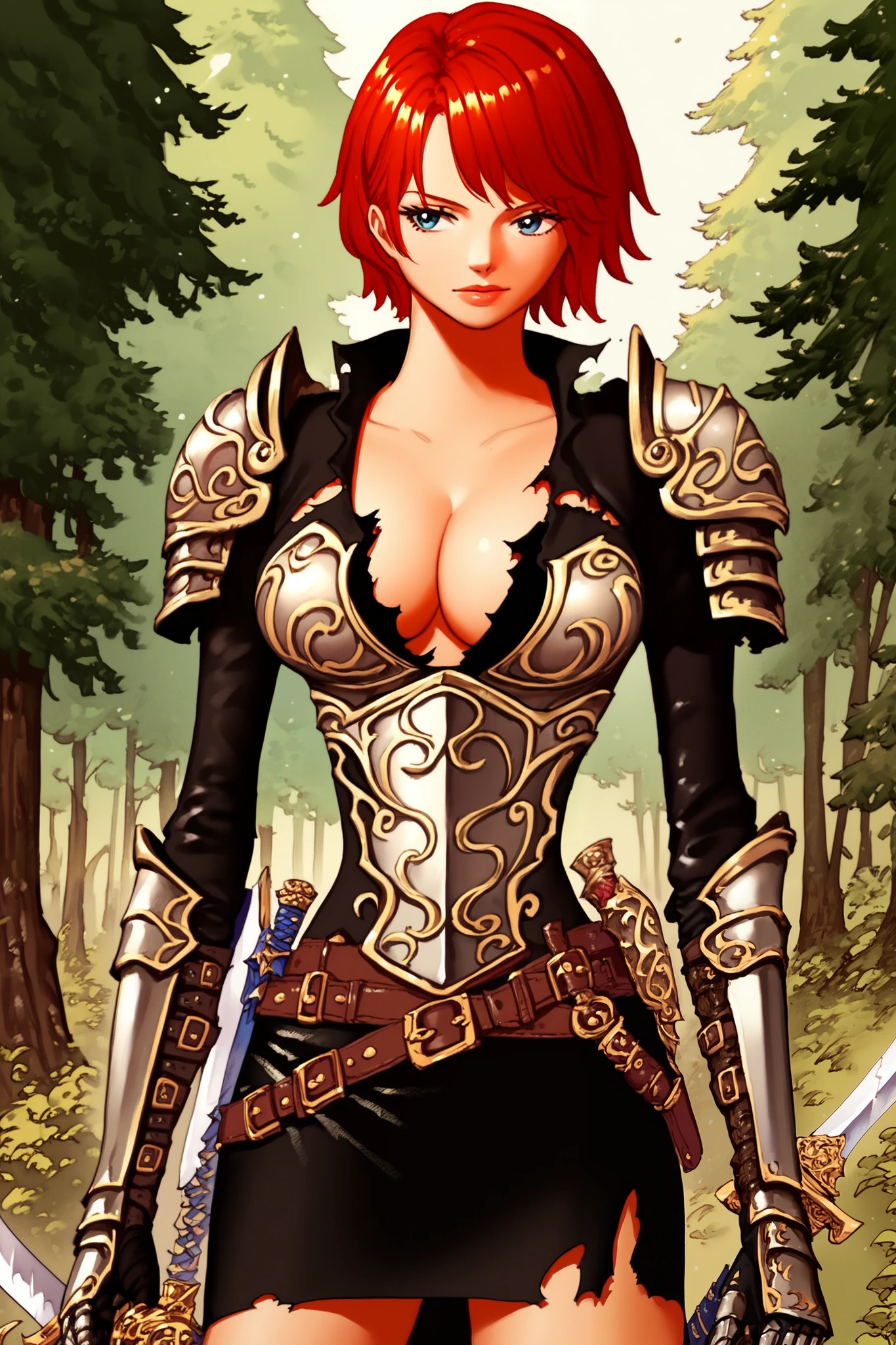 1girl, armor, large breasts, cleavage, solo, metal armor, skirt, gauntlets, red hair, sword, standing, weapon, torn clothes, large breasts, short hair, shoulder armor, gothic, background dark forest, setting