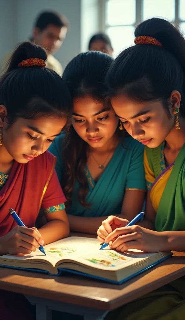 Family of mom dad and 2 big  daughters doodle in an Indian culture 