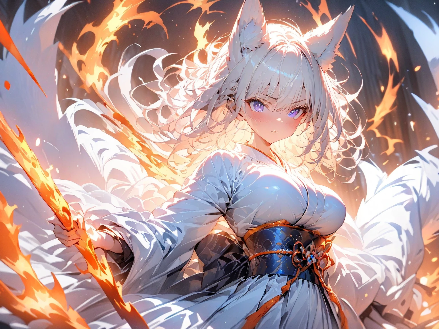 ((((masterpiece)))), Japanese anime,((((Best Quality)))), , ,(action),High resolution,fine grain,,Detailed face, Kitsune Girl,狐の耳,princess,dress,Wearing a kimono,hakama,Beautiful Skin、Beautiful and sophisticated eyes、,,雷,fire,xss