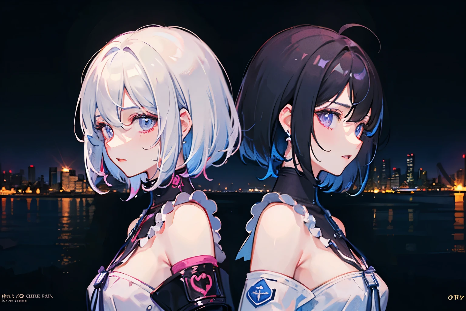 masterpiece, best quality, detailed beautiful face and eyes, 2girl, 10 years old, black bob cut Cute Idol, black ponytail Cool Idol, Event Stage, Cool idol costumes, sings, a smile,