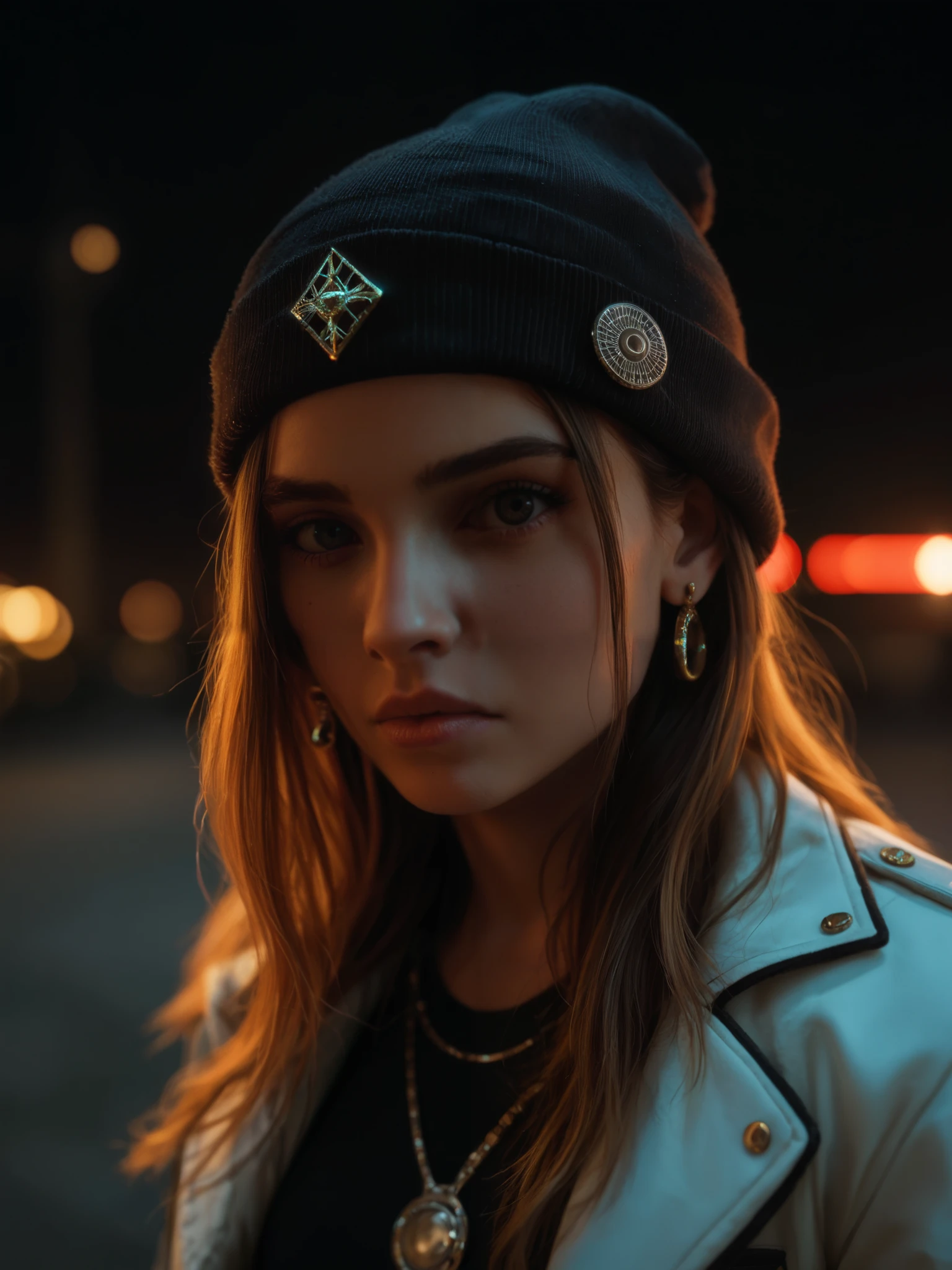 score_9, score_8_above, score_7_above, face close above, Alternative girl, watching attentively at the spectator showing fine perfume spray on the right hand, white jacket with Zyone inscription in gold color , fine gold lace , neon light reflections on the skin, earring, makeabove, skin imperfection , Long hair, beanie, Neon lights background , low light, depth of field , highly detailed , high-contrast costume , movie grain , rim lighting , Long exposure, dslr camera