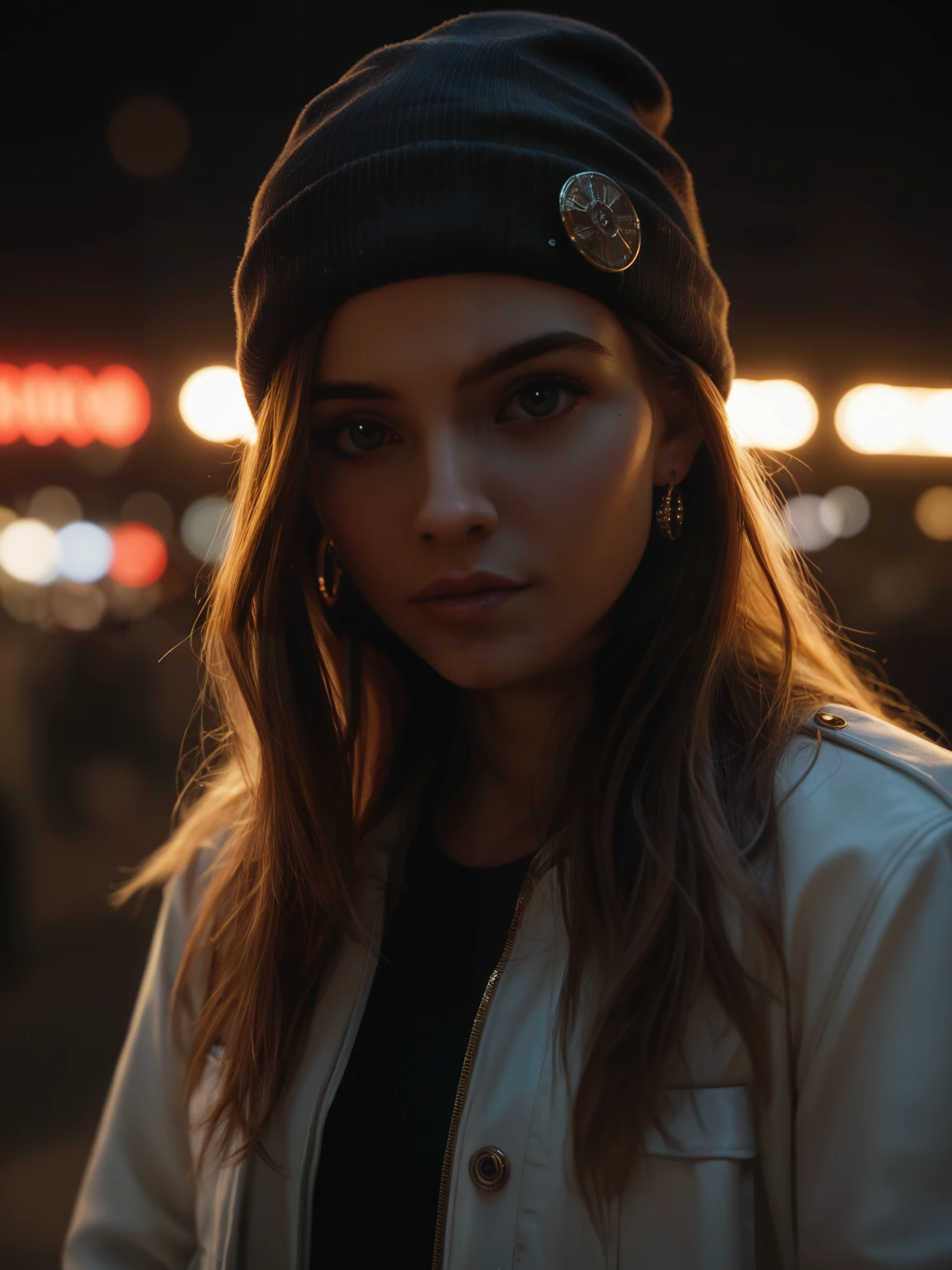 score_9, score_8_above, score_7_above, face close above, Alternative girl, watching attentively at the spectator showing fine perfume spray on the right hand, white jacket with Zyone inscription in gold color , fine gold lace , neon light reflections on the skin, earring, makeabove, skin imperfection , Long hair, beanie, Neon lights background , low light, depth of field , highly detailed , high-contrast costume , movie grain , rim lighting , Long exposure, dslr camera