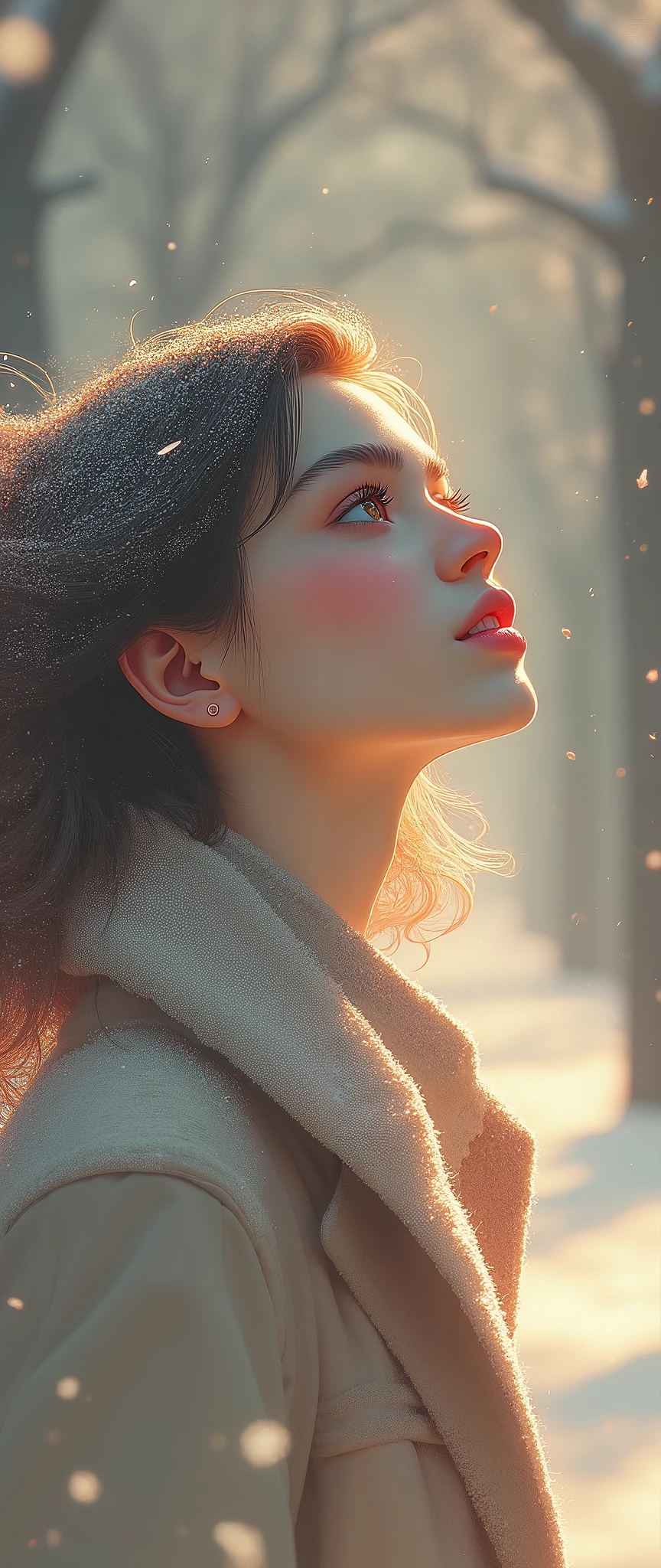 1 girl,winter,(Upper body close-up),Woman walking along a tree-lined street where powder snow flutters ,Front ,Asahi, beautiful gradation , is written in depth, Particles of light and powder snow fluttering in the air gently envelop her, stylish warm jacket , facial hair ,( close eyes:1.3), beautiful faces,, Looking Up at the Sky , beautiful hair fluttering in the wind, White Breath, nostalgic,Calm face,Kind Face