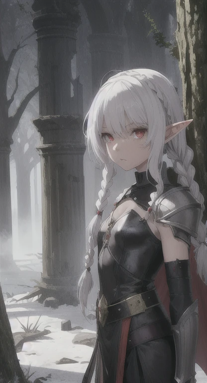 1girl, solo, long hair, bangs, blue eyes, braid, white hair, pointy ears, elf, upper body, black metal armor, armor, metal collar, dark atmosphere, rain, fog, pale skin, outdoors, scared, sad, 6+boys, zombie, skeleton, monsters, glowing eyes, red glow, scared eyes, wide open eyes, <lora:Platinum_Anime_Hentai_CG_Helper_R1:0.8>