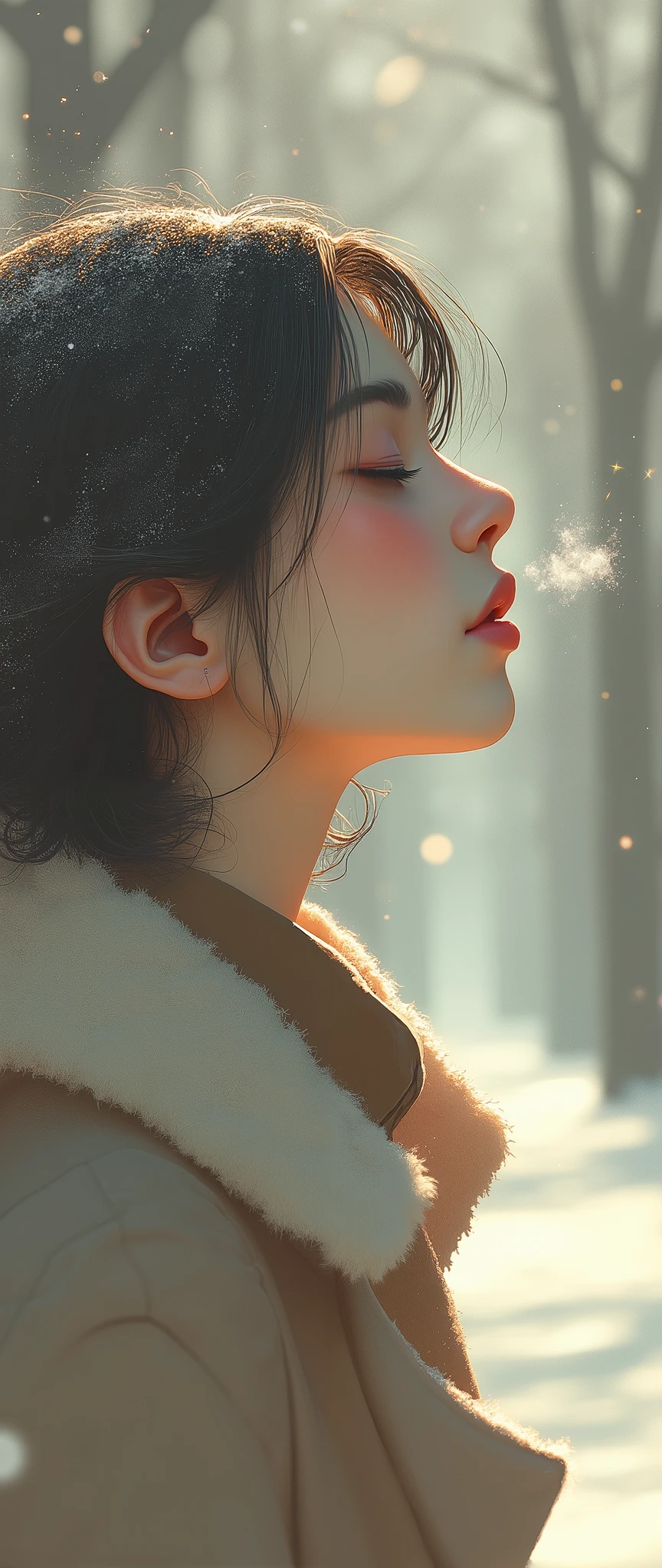 1 girl, Japanese,winter,(Upper body close-up),Woman walking along a tree-lined street where powder snow flutters ,Front ,Asahi, beautiful gradation , is written in depth, Particles of light and powder snow fluttering in the air gently envelop her, stylish warm jacket , facial hair ,( close eyes:1.3), beautiful faces,, Looking Up at the Sky , beautiful hair fluttering in the wind, White Breath, nostalgic,Calm face,Kind Face