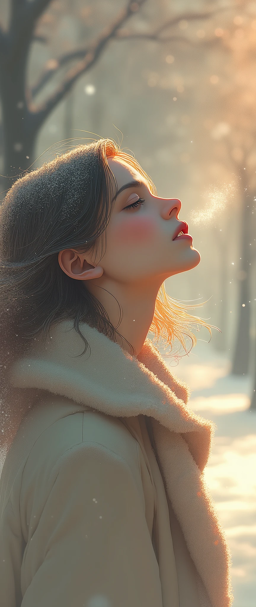 1 girl,winter,(Upper body close-up),Woman walking along a tree-lined street where powder snow flutters ,Front ,Asahi, beautiful gradation , is written in depth, Particles of light and powder snow fluttering in the air gently envelop her, stylish warm jacket , facial hair ,( close eyes:1.3), beautiful faces,, Looking Up at the Sky , beautiful hair fluttering in the wind, White Breath, nostalgic,Calm face,Kind Face