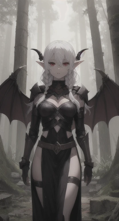 anime fantasy, dark elf women, warrior, dark forest, long dark hair, red eyes, smirk on face, angry looking face, full body