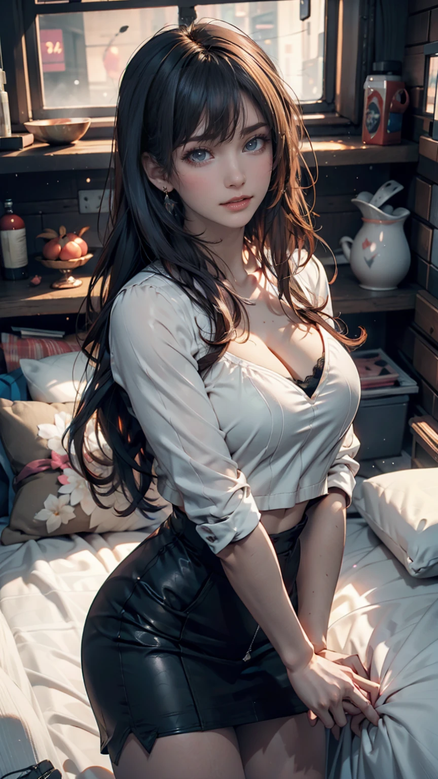 ((perfect quality))((Random hairstyle)), ((very detailed high quality female body structure)), ((perfect face)), ((sitting on his knees)), ((the place and background is a bed)), confused expression, mini skirt, she is wearing white stockings that reflect the light.
