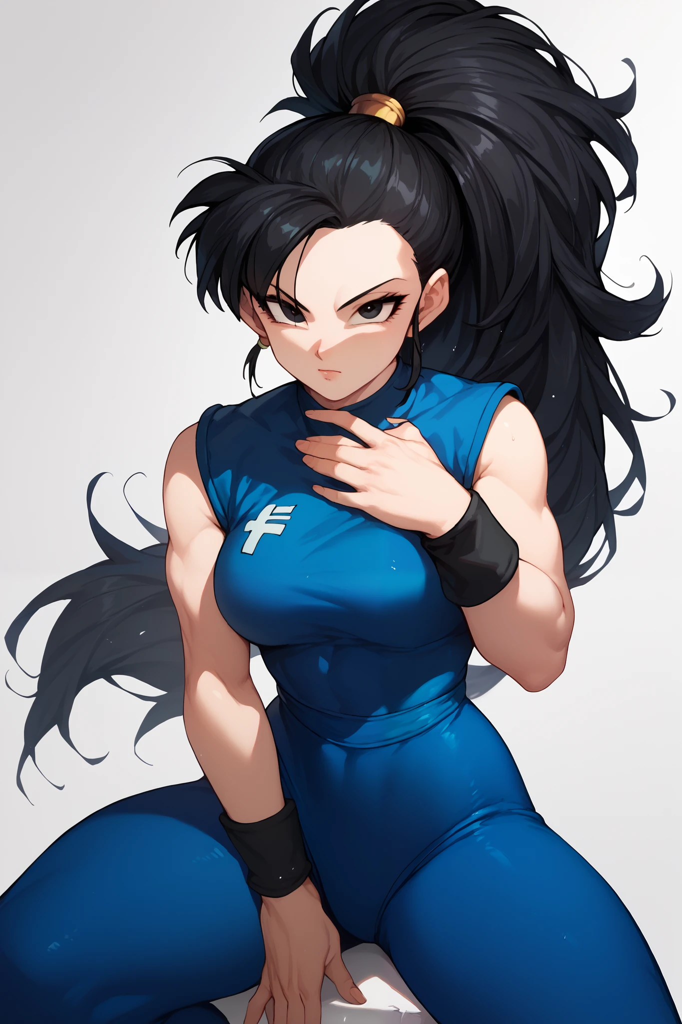 Woman, white skin, black hair, Long hair, bangs, black eyes,, wearing black wristbands, blue leotard,blue pants, Dragon Ball style,hime hair,Ponytail