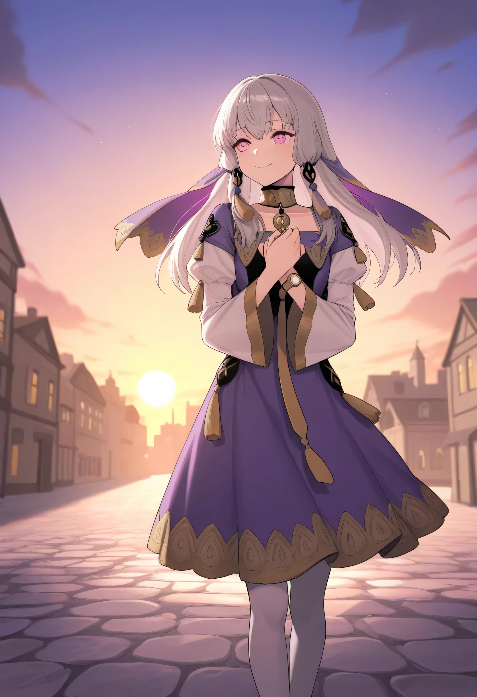 Masterpiece,  best quality , Alone,  1 girl, listts  , smile,  Watch Your Audience,  standing, hands on chest,  long hair, Gray Hair, Tassel decoration , Purple Veil,  pink eye,   Purple Dress,  purple color  ,  detachable collar, Yellow tie,   pendant choker  , White sleeves,  juliet sleeve,  wide sleeve,  white pantyhose, clavicle, Outdoors, sunset, cloud, Cobblestone , city, bubble
