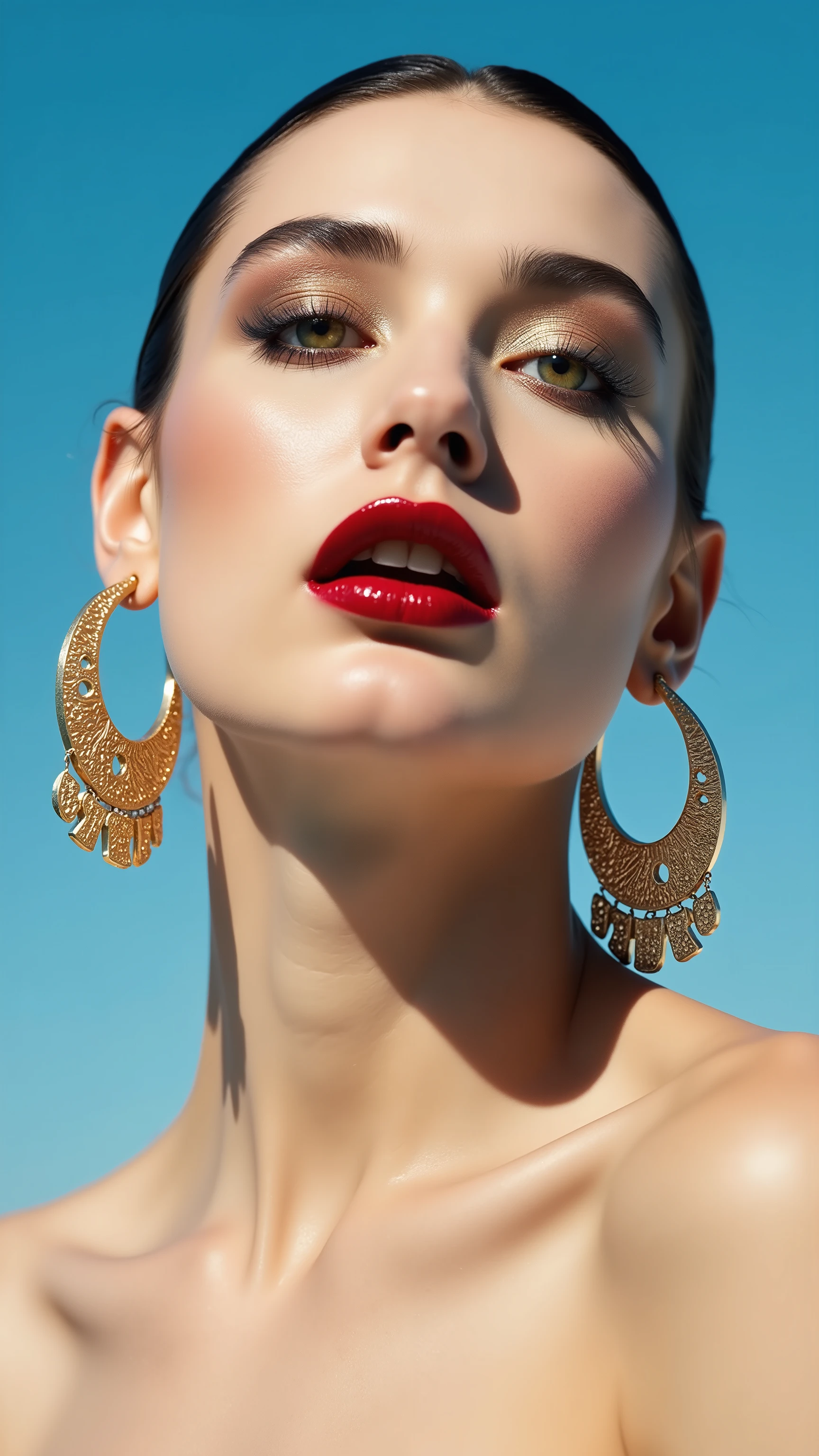 A hyper-detailed, avant-garde photograph featuring a striking woman with pale light skin against a clear, light blue sky. Her nude low-angle mid shot highlights the smooth texture of her flawless complexion. Shimmering metallic eyeshadow enhances the depth of her piercing gaze, while her glossy, deep red lips create a bold contrast to her skin. Large, intricately detailed golden hoop earrings reflect light, contributing to her modern allure. She is fully naked The reflective surfaces of her earrings and outfit create a dynamic interplay with the environment, emphasizing her sleek presence. The minimalist background allows the viewer to focus on her eye-catching fashion and makeup. Captured with a Sony A7R IV camera and a 50mm f/1.2 G Master lens for a beauty editorial shoot, this composition highlights her fashion-forward aesthetic. Inspired by avant-garde fashion photography from Sølve Sundsbø, this image blends contemporary fashion and minimalist elegance, embodying mythp0rt and niji_flux styles for a sleek, high-fashion vision. ((glow_skin, iridescent skin, oily skin, portrait)). ((no logo))