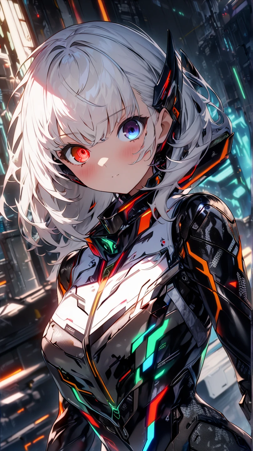 Anime style short White hair, green eyes, cybernetic girl 