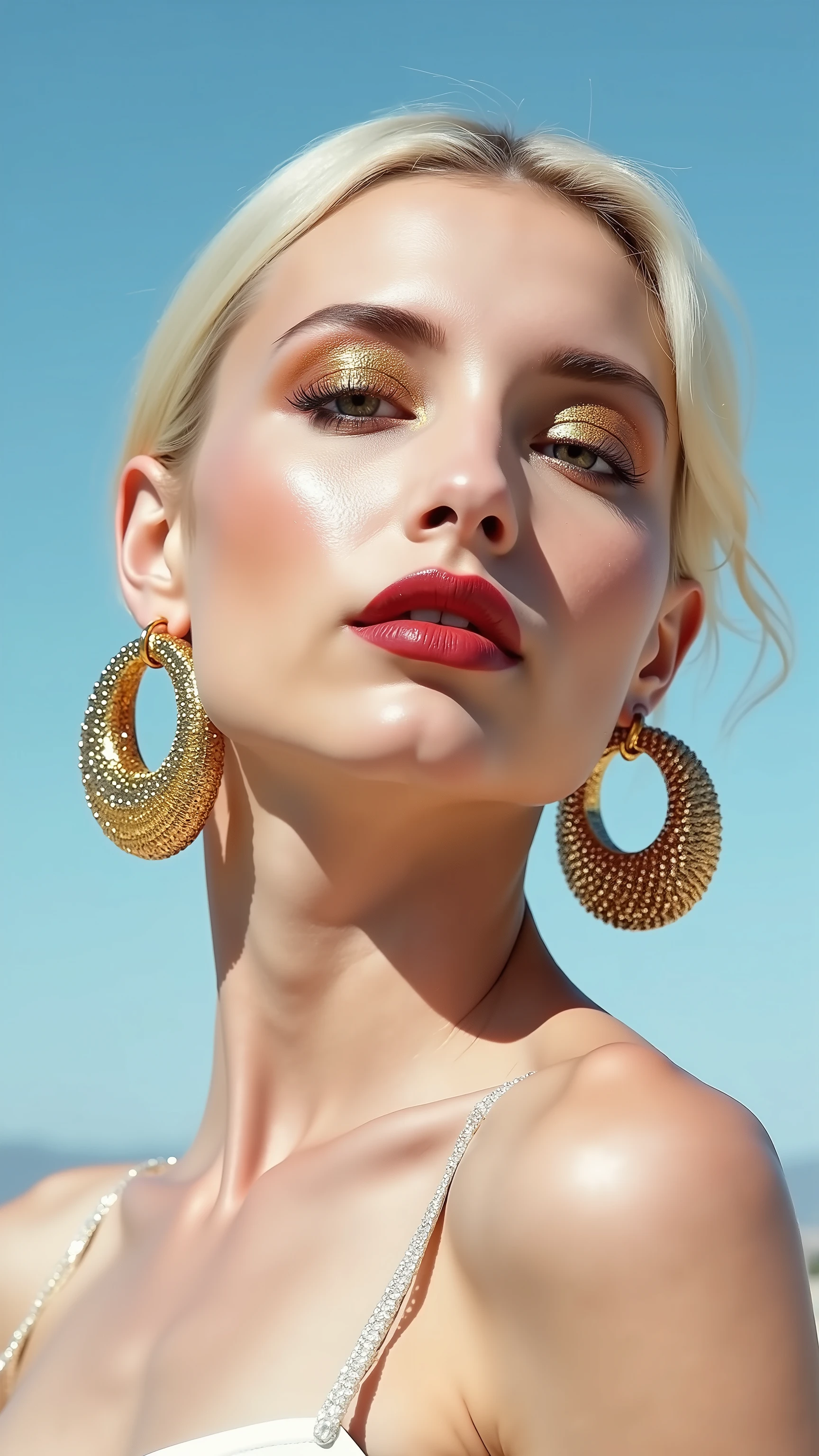 A hyper detailed glamour magazine cover featuring a hyper-detailed, avant-garde photograph featuring a striking woman with pale light skin against a clear, light blue sky. Her nude high-angle mid shot highlights the smooth texture of her flawless complexion. Shimmering metallic eyeshadow enhances the depth of her piercing gaze, while her glossy, deep red lips create a bold contrast to her skin. Large, intricately detailed golden hoop earrings reflect light, contributing to her modern allure. She is fully naked The reflective surfaces of her earrings and outfit create a dynamic interplay with the environment, emphasizing her sleek presence. The minimalist background allows the viewer to focus on her eye-catching fashion and makeup. Captured with a Sony A7R IV camera and a 50mm f/1.2 G Master lens for a beauty editorial shoot, this composition highlights her fashion-forward aesthetic. Inspired by avant-garde fashion photography from Sølve Sundsbø, this image blends contemporary fashion and minimalist elegance, embodying mythp0rt and niji_flux styles for a sleek, high-fashion vision. ((glow_skin, iridescent skin, oily skin, portrait)). ((no logo))