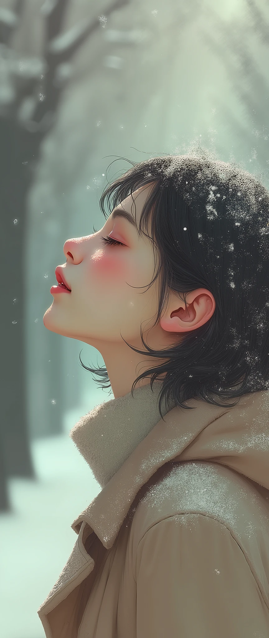  1 girl, Japanese,winter,(Upper body close-up),Woman walking along a tree-lined street where powder snow flutters ,Front  ,Asahi, beautiful gradation , is written in depth, Particles of light and powder snow fluttering in the air gently envelop her, stylish warm jacket , facial hair ,( close eyes:1.3),  beautiful faces,, Looking Up at the Sky , beautiful hair fluttering in the wind, White Breath, nostalgic, gentle smile ,Kind Face