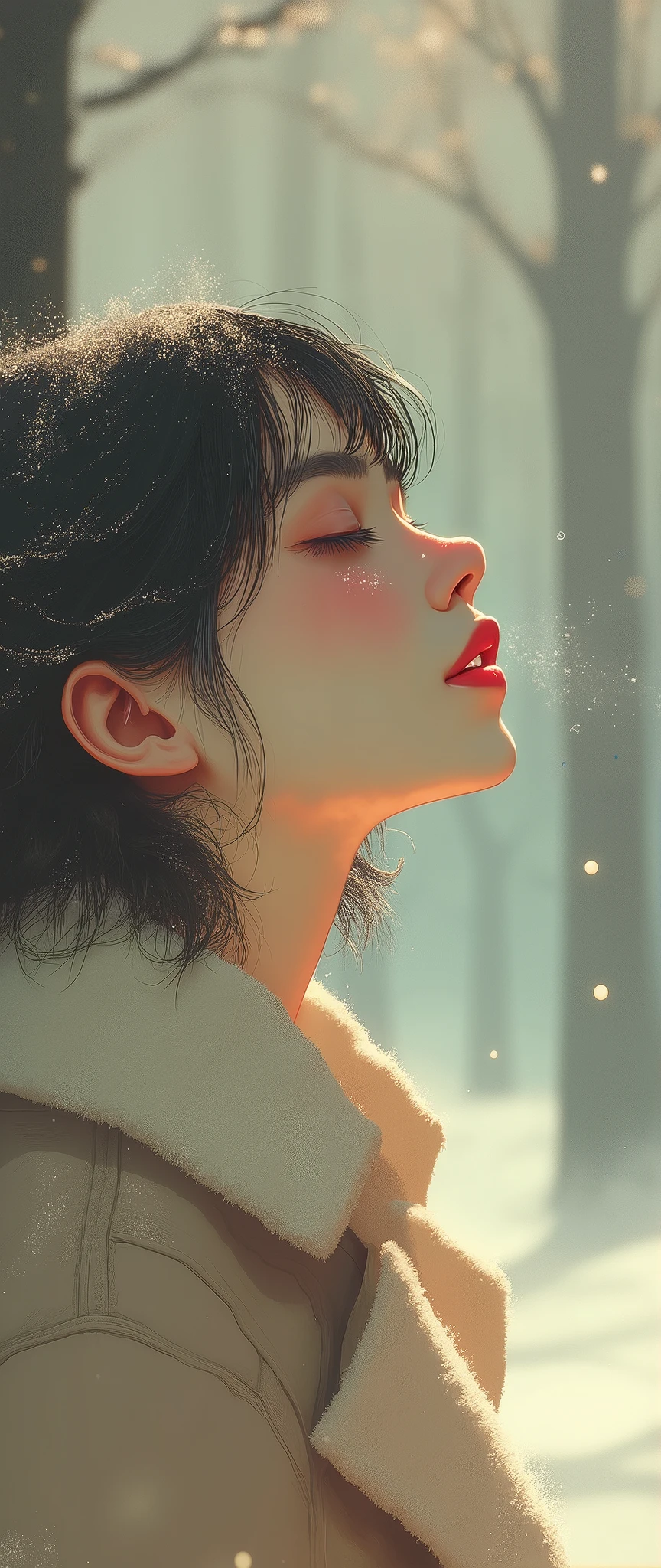 1 girl, Japanese,winter,(Upper body close-up),A woman takes a deep breath on a tree-lined street where powdery snow dances,Front ,Asahi, beautiful gradation , is written in depth, Particles of light and powder snow fluttering in the air gently envelop her, stylish warm jacket , facial hair ,( close eyes:1.3), beautiful faces,, Looking Up at the Sky , beautiful hair fluttering in the wind, White Breath, nostalgic, calm, Gentle Smile