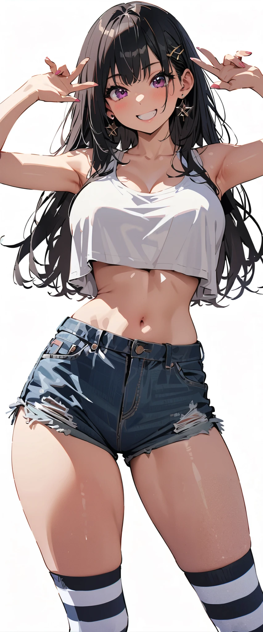 (masterpiece, Highest quality:1.2), One girl, alone, Are standing_Split, Long Hair, White sleeveless tank top, Blue Denim Shorts、Standing on one leg, masterpiece, anatomically correct, textured skin, high details, best quality, 16k
