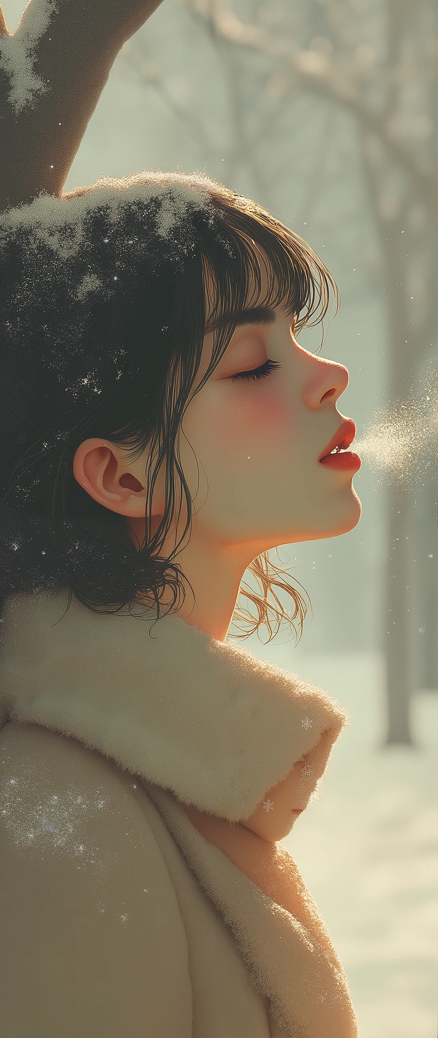  1 girl, Japanese,winter,(Upper body close-up),A woman takes a deep breath on a tree-lined street where powdery snow dances,Front  ,Asahi, beautiful gradation , is written in depth, Particles of light and powder snow fluttering in the air gently envelop her, stylish warm jacket , facial hair ,( close eyes:1.3),  beautiful faces,, Looking Up at the Sky , beautiful hair fluttering in the wind, White Breath, nostalgic, calm, Gentle Smile 