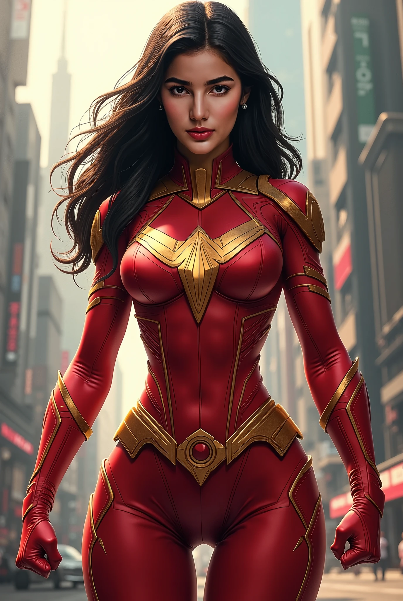 Full body photorealistic beautiful and gorgeous and very sexy young slender futuristic female hero Darna wearing a red and gold costume with belt and gloves and headband and wristbands that can summons lightning and thunderstorm,,