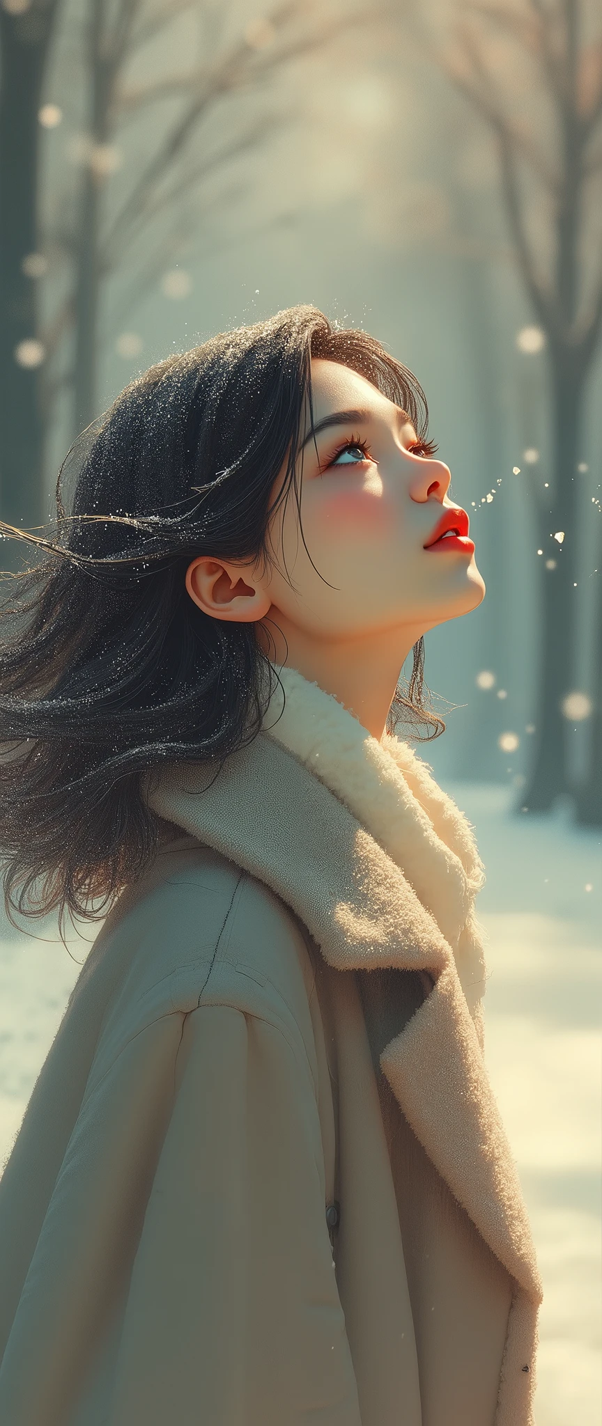 1 girl, Japanese,winter,(Upper body close-up),Woman walking along a tree-lined street where powder snow flutters ,Front ,Asahi, beautiful gradation , is written in depth, Particles of light and powder snow fluttering in the air gently envelop her, stylish warm jacket , facial hair ,( close eyes:1.3), beautiful faces,, Looking Up at the Sky , beautiful hair fluttering in the wind, White Breath, nostalgic, calm, Gentle Smile
