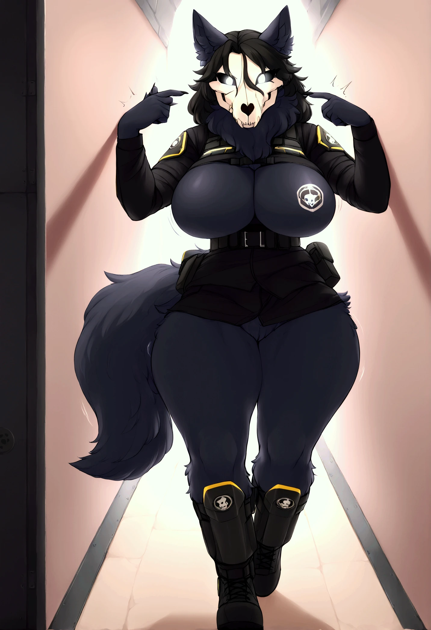 (sfw, 8K, Masterpiece, high resolution, super fine illustration:1.3), (anime:1.2), (fluffy:1.5), detailed background, solo, (cool, beautiful), (female black wolf anthro:1.5), (plump, thicc:2.0),(huge breasts:2.75),(huge ass, thick thighs:1.8), (police uniform, interrogation:1.5), sadistic, seductive, grin, (sweat:1.3), pressure