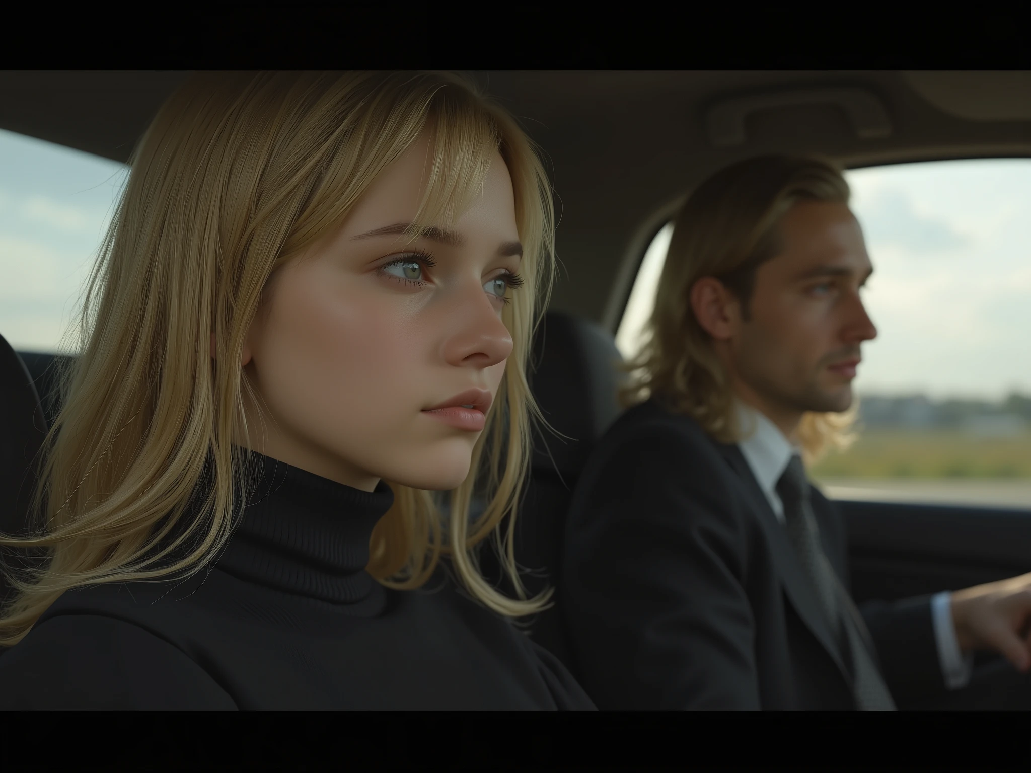 cinematic shot , semi-realistic graphics , russian girl, , with blond long hair and dark brown eyes, with a disheveled , in a black turtleneck, rides in the car in the passenger seat and looks out the window and a blond man with long hair. in a suit, in the next seat, driving