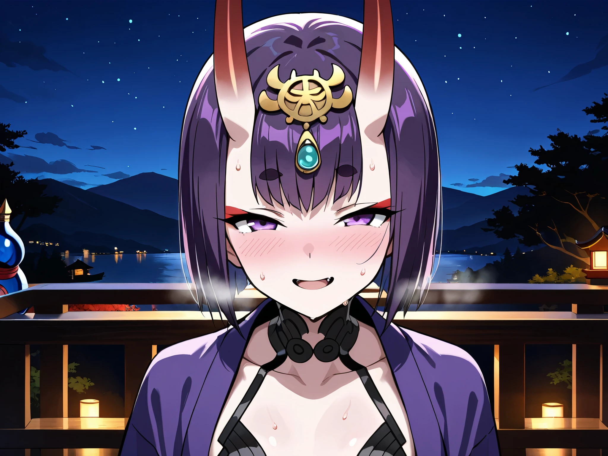 shuten douji \(fate\) , bob cut, fang, horns, purple eyes, purple hair, thick eyebrows, navel, oni, oni horns.
BREAK
onsen, night, full moon, night sky, wet, steam, tokkuri, sakazuki, smile,
BREAK
(wide shot), nsfw,