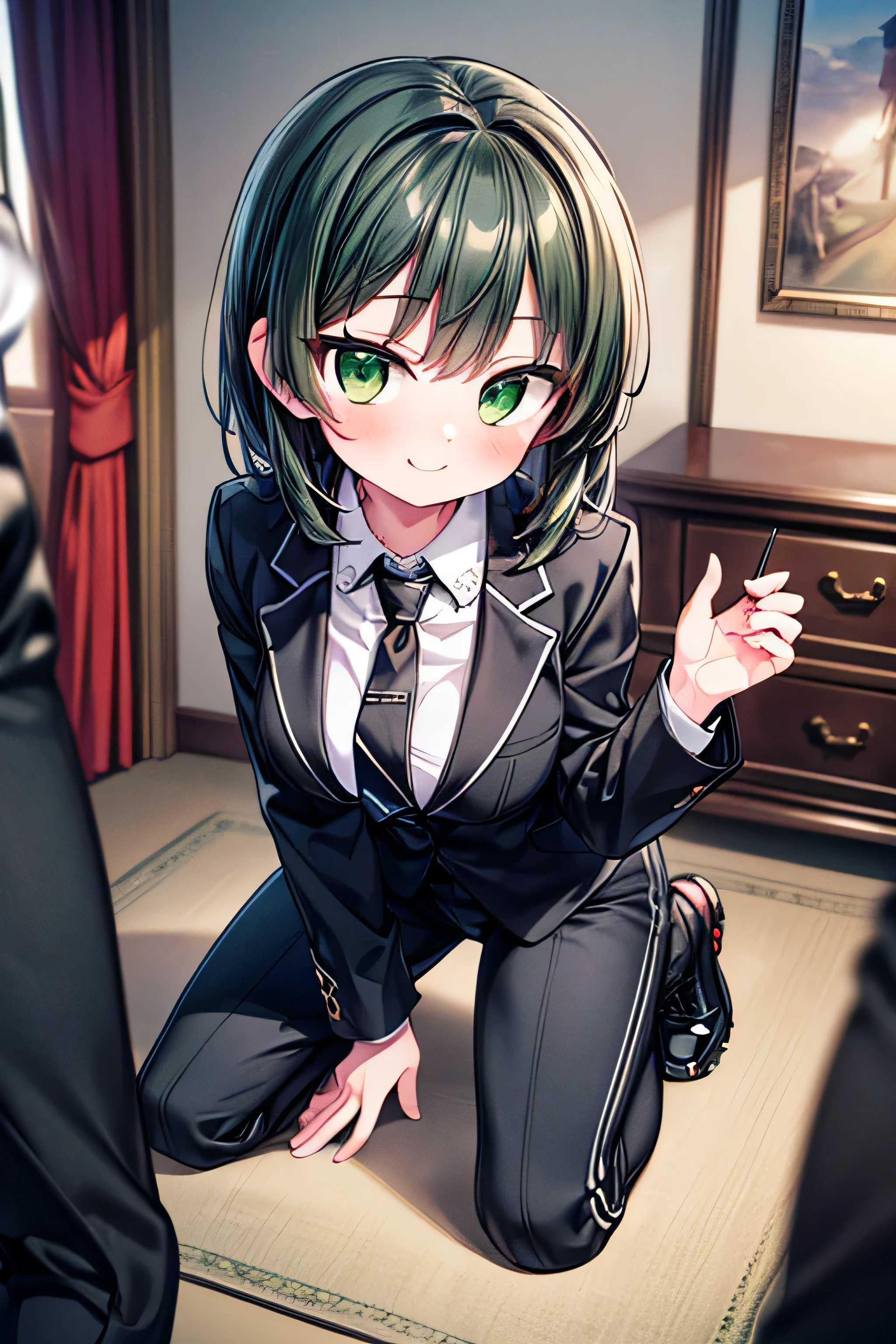 (extremely detailed, 8K resolution, with sharp focus, masterpiece, best quality, Moe Art style, safe for work:1.3), 1 cute lady, slender full body, kneeling in the room, black pants:1.3, black jacket with necktie, brown medium straight hair, detailed dark-green eyes, detailed pupil, cool smile