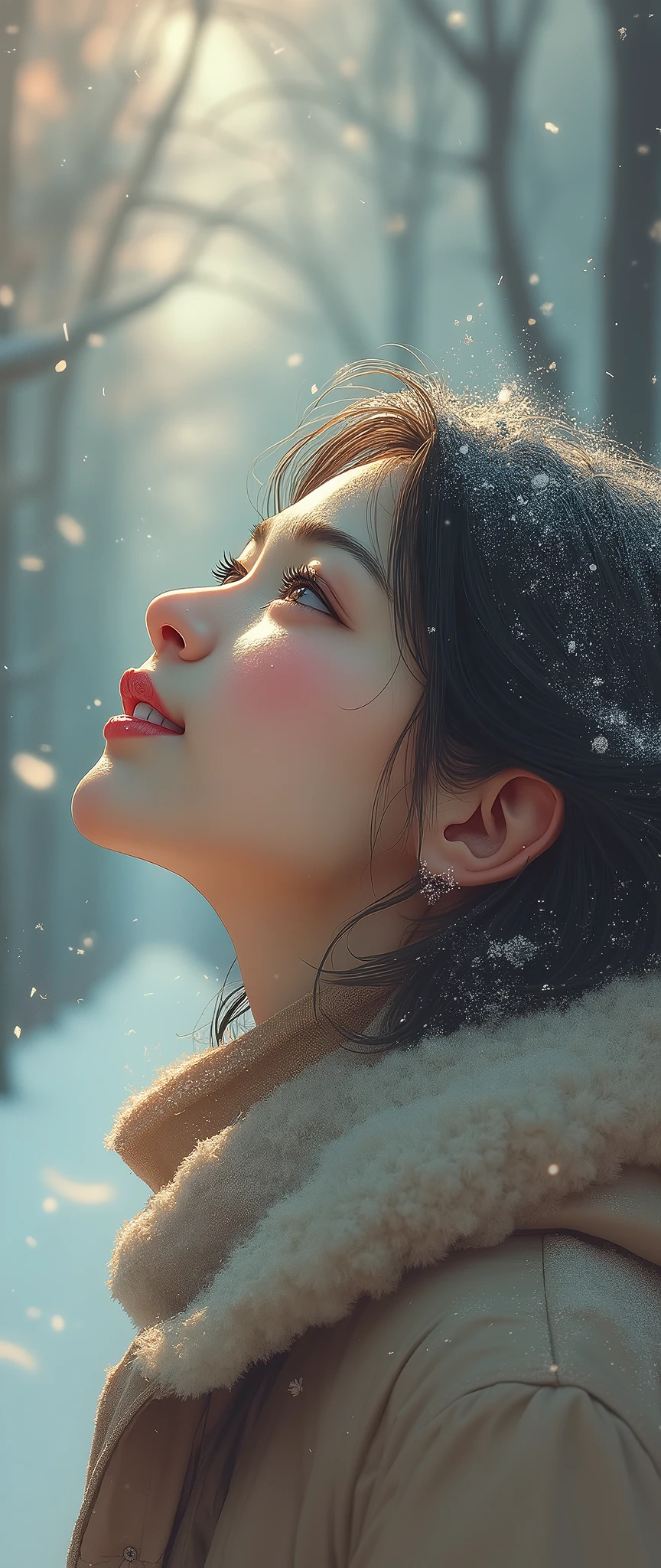 1 girl, Japanese,winter,(Upper body close-up),Woman walking along a tree-lined street where powder snow flutters ,Front ,Asahi, beautiful gradation , is written in depth, Particles of light and powder snow fluttering in the air gently envelop her, stylish warm jacket , facial hair , beautiful faces, woman looks up at the sky , beautiful hair fluttering in the wind, White Breath, nostalgic, calm,A woman waving her hands with a gentle smile, Aerial Photography