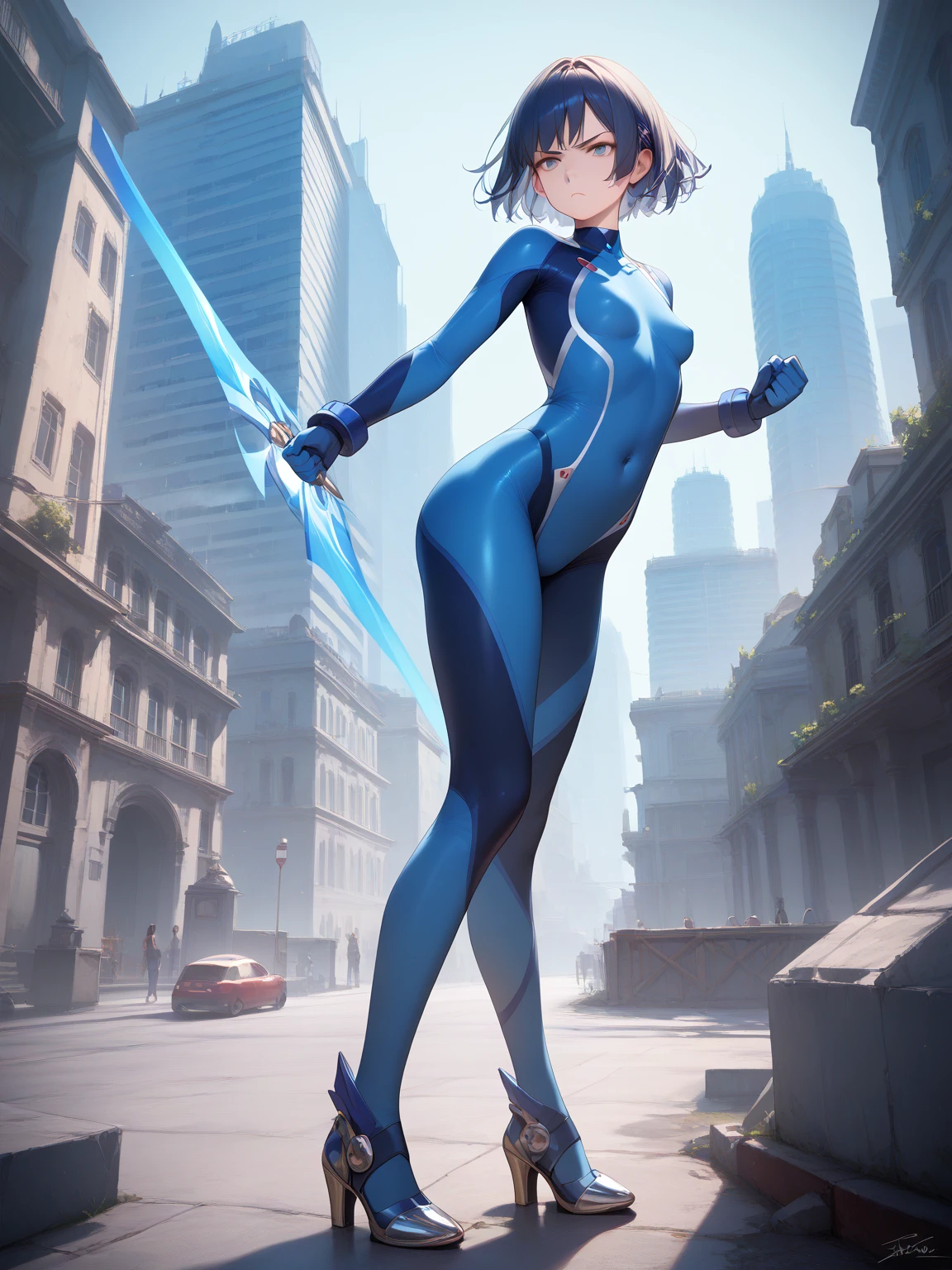 masterpiece, best quality, highres, 1girl, solo, superhero, leotard, bare legs, boots, matching boots, aura, blue aura, sleeveless, gloves, bracelets, matching gloves, looking at viewer, light particles, city backdrop, perfect hands, perfect eyes, powering up, perfect leotard, perfect legs, perfect arms, perfect fingers,