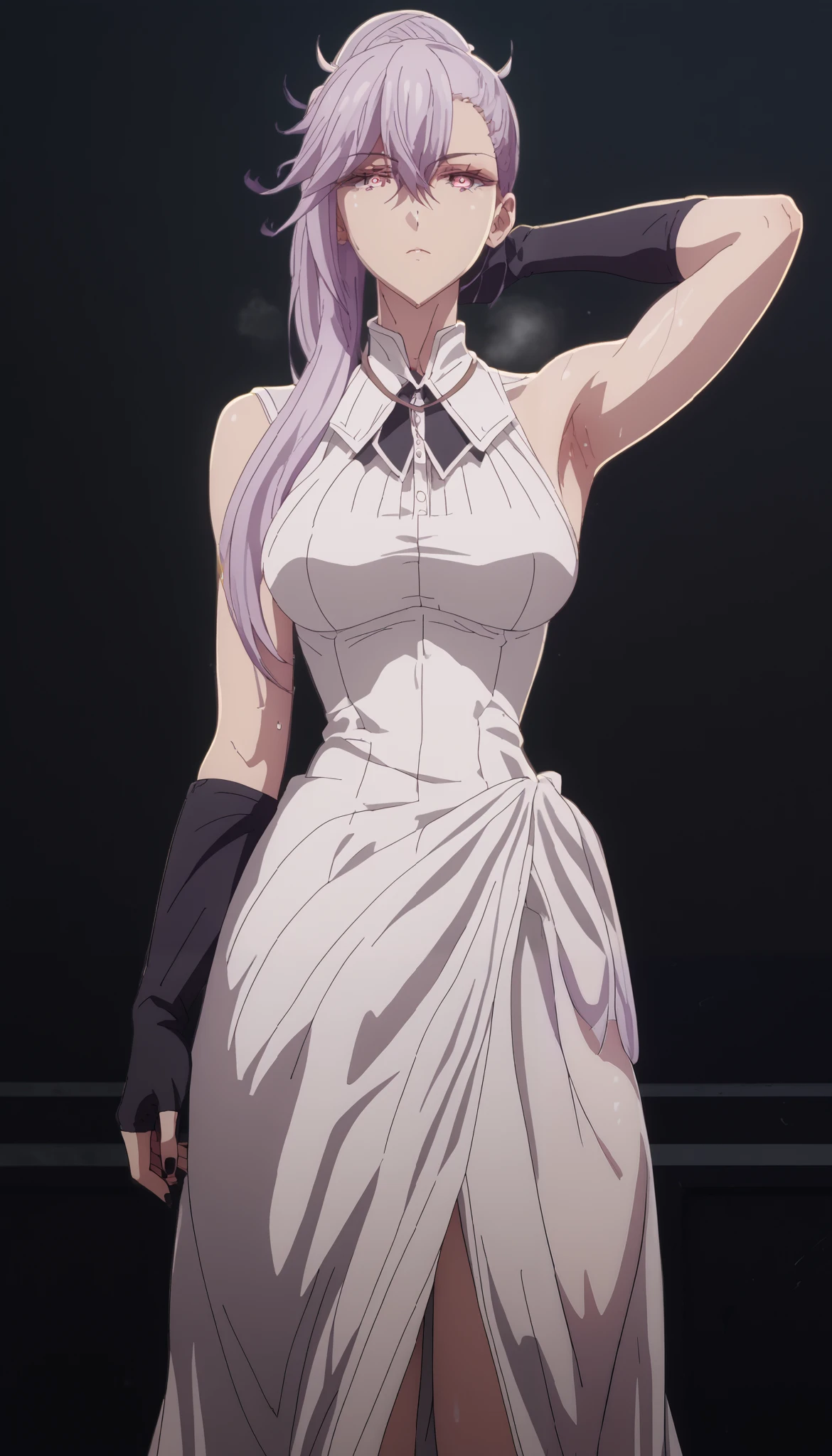 score_9, score_8_up, score_7_up, score_6_up, score_5_up, score_4_up, uncensored, emilialudwell, purple hair, pink eyes, long hair, hair between eyes, ponytail, hair bun, single hair bun, side ponytail, asymmetrical hair, asymmetrical bangs, anime coloring, anime screencap, shiny skin, (voluptuous:1.3), (thick:1.3), BREAK UHD, retina, masterpiece, accurate, anatomically correct, textured skin, super detail, high details, high quality, award winning, best quality, highres, 4K, black nails, makeup, eyelashes, excessive sweating, sweating, sweating drop, (gasping, heavy breathing:1.3), (skindentation:1.2), perfect eyes, beautiful eyes, eyelashes, makeup, detailed body, perfect body, BREAK, 1girl, breasts, solo, large_breasts, armpits, looking_at_viewer, gloves, bodysuit, full_body, bare_shoulders, necktie, elbow_gloves, arm_behind_head, black_gloves, high_heels, expressionless, standing, sleeveless, arm_up, eyesHD, high gradient eyes, detailed eyes, high definition eyes