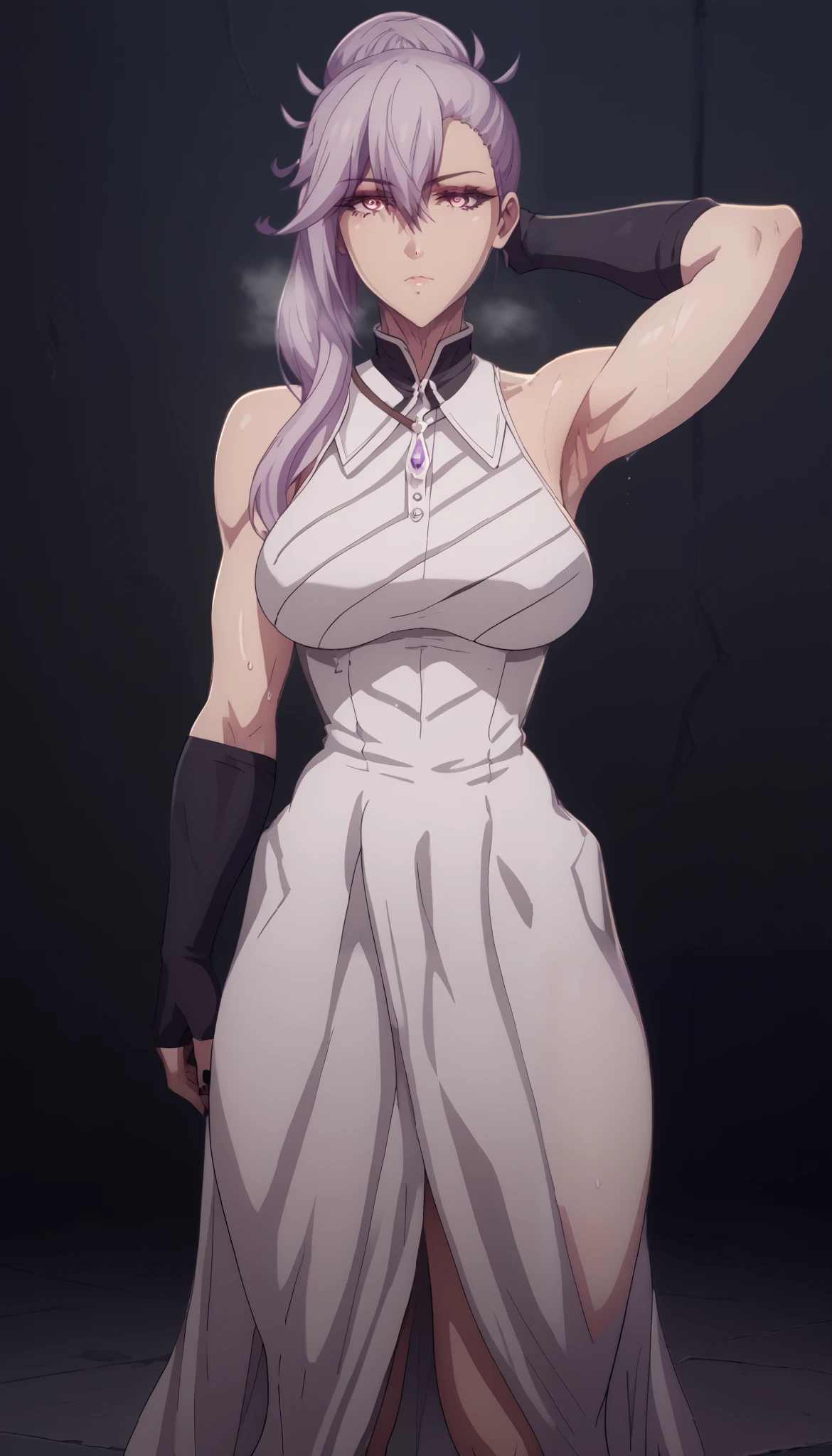score_9, score_8_up, score_7_up, score_6_up, score_5_up, score_4_up, uncensored, emilialudwell, purple hair, pink eyes, long hair, hair between eyes, ponytail, hair bun, single hair bun, side ponytail, asymmetrical hair, asymmetrical bangs, anime coloring, anime screencap, shiny skin, (voluptuous:1.3), (thick:1.3), BREAK UHD, retina, masterpiece, accurate, anatomically correct, textured skin, super detail, high details, high quality, award winning, best quality, highres, 4K, black nails, makeup, eyelashes, excessive sweating, sweating, sweating drop, (gasping, heavy breathing:1.3), (skindentation:1.2), perfect eyes, beautiful eyes, eyelashes, makeup, detailed body, perfect body, BREAK, 1girl, breasts, solo, large_breasts, armpits, looking_at_viewer, gloves, bodysuit, full_body, bare_shoulders, necktie, elbow_gloves, arm_behind_head, black_gloves, high_heels, expressionless, standing, sleeveless, arm_up, eyesHD, high gradient eyes, detailed eyes, high definition eyes