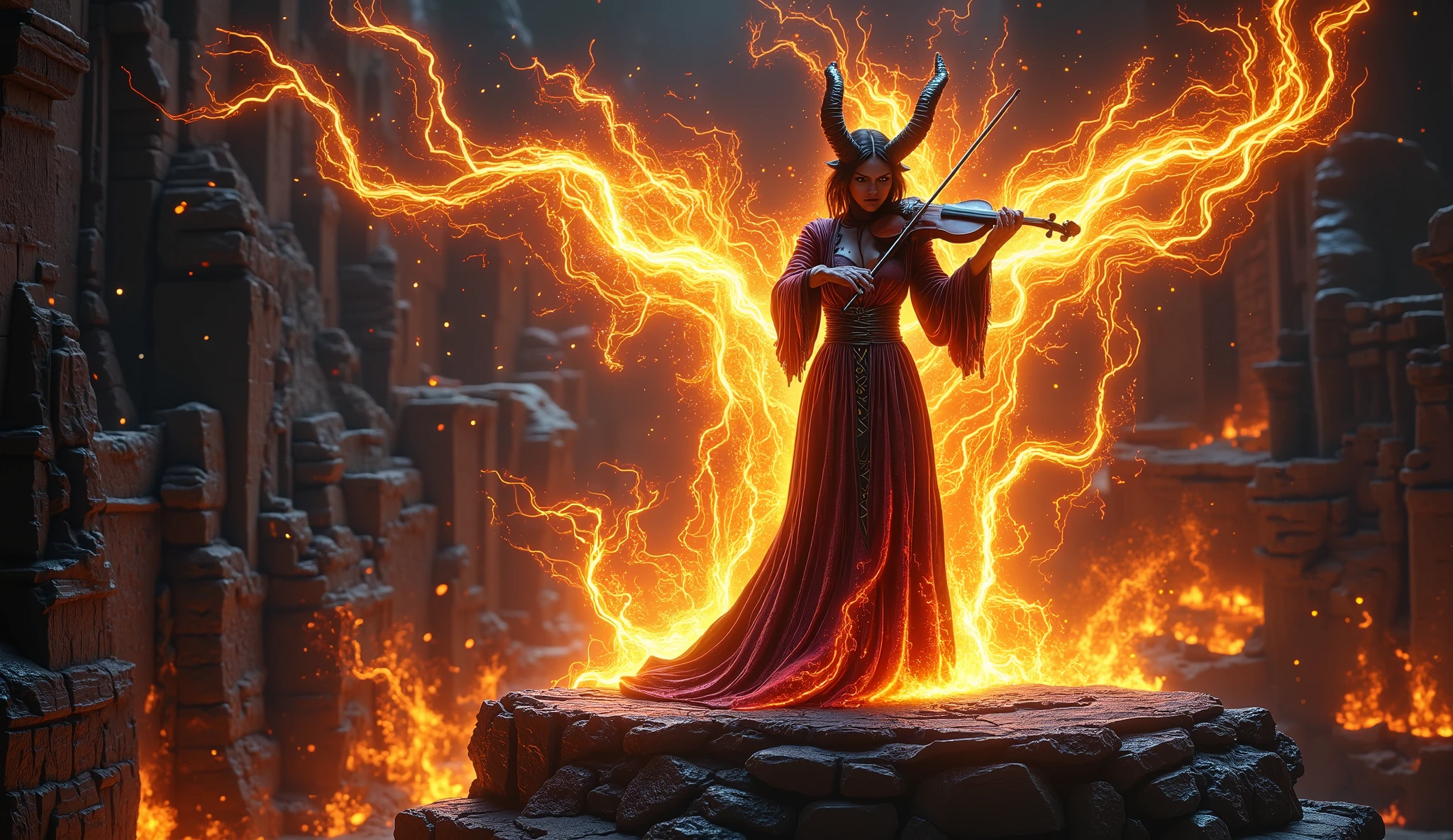 standing from a distance (1:25) a beautiful angry demon woman wearing a robe, playing the violin with brilliant energy on the stage on the cliff of ruins, fire and lightning flashing, aurora sparks around her, a realistic and fiery fantasy, a great masterpiece, a portrait from a distance, full body.