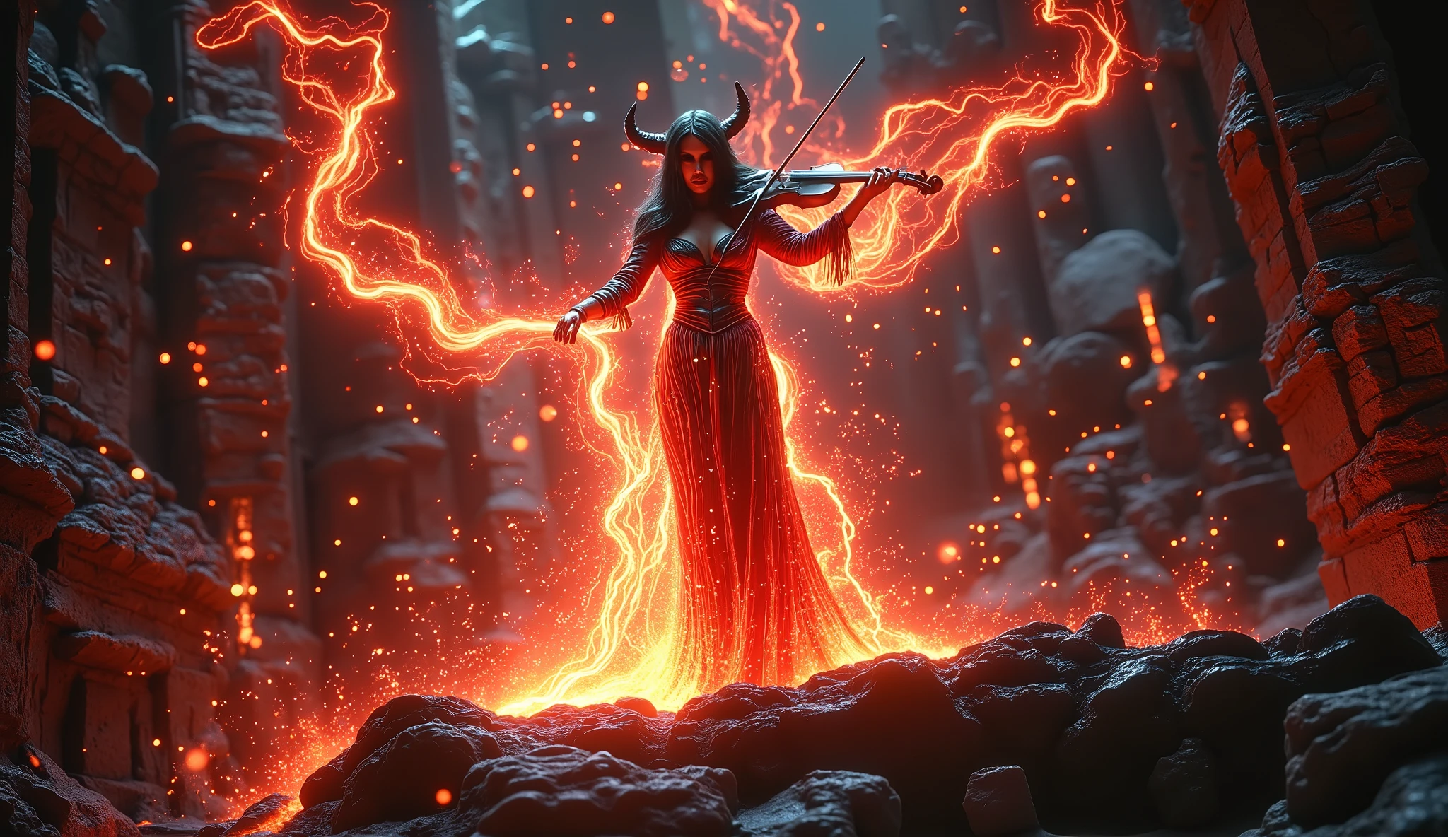 standing from a distance (1:25) a beautiful angry demon woman wearing a robe, playing the violin with brilliant energy on the stage on the cliff of ruins, fire and lightning flashing, aurora sparks around her, a realistic and fiery fantasy, a great masterpiece, a portrait from a distance, full body.