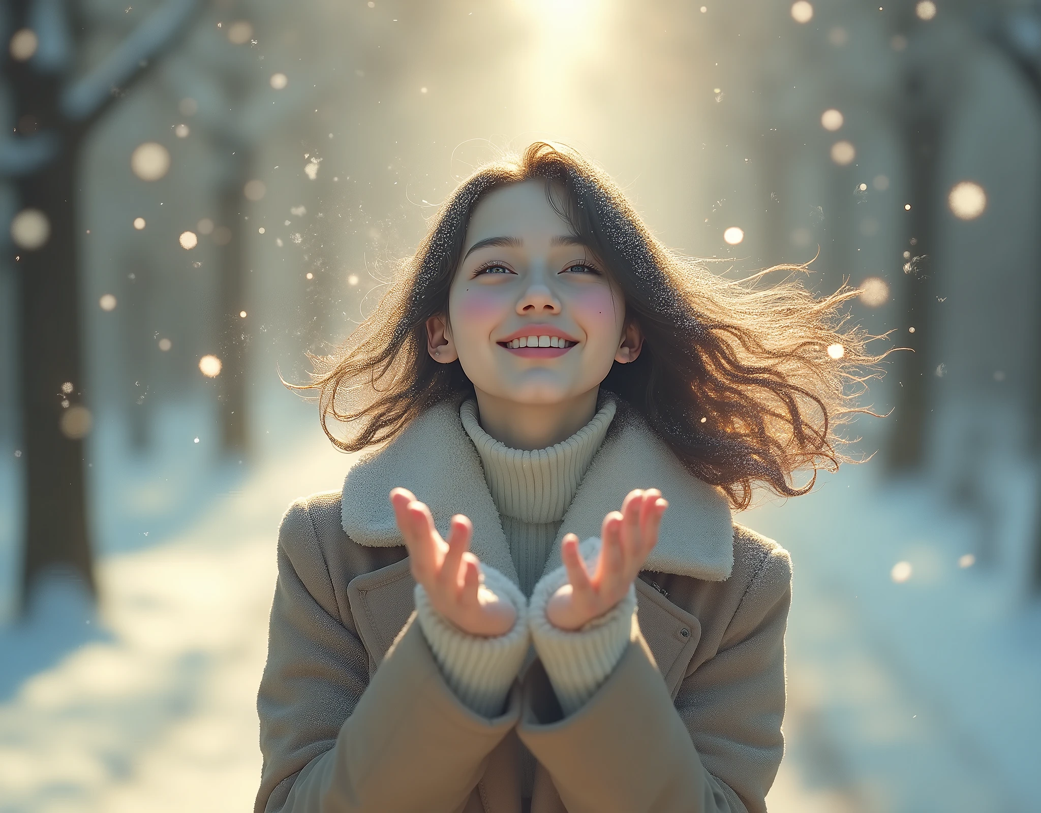 1 girl, Japanese,winter,( upper body up ), A woman shouting at the sky on a tree-lined street where powder snow dances,Front ,Asahi, beautiful gradation , is written in depth, Particles of light and powder snow fluttering in the air gently envelop her, stylish warm jacket , facial hair , beautiful faces, beautiful hair fluttering in the wind, White Breath, nostalgic, calm,A woman waving her hands to the sky with a gentle smile , Aerial Photography