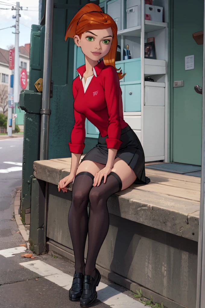 merula, full body, red jeans, thighs, high heels, blouse, solo, nude tits