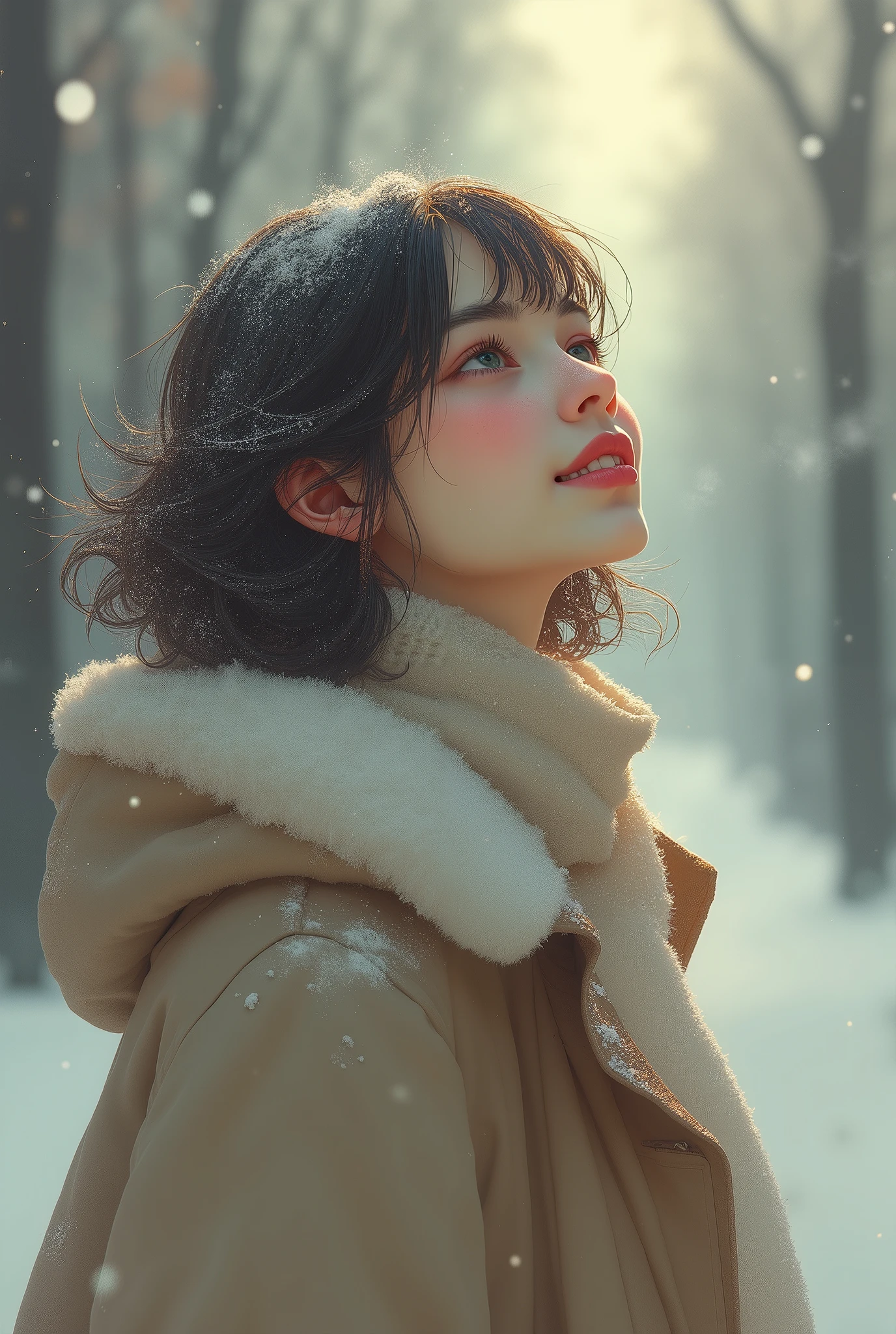  1 girl, Japanese,winter,(Upper body close-up),Woman walking along a tree-lined street where powder snow flutters ,Front  ,Asahi, beautiful gradation , is written in depth, Particles of light and powder snow fluttering in the air gently envelop her, stylish warm jacket , facial hair , beautiful faces, woman looks up at the sky , beautiful hair fluttering in the wind, White Breath, nostalgic, calm,A woman waving her hands with a gentle smile, Aerial Photography,(Don't draw text)