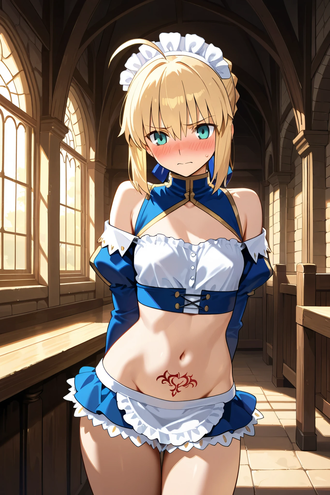 (Best Quality, Masterpiece),sexy, erotic, 1girl, 18 years old, Contempt, pride, long hair, ((blue eyes)), looking at viewer, looking at viewer, warm light, ((big breasts)), ((ashamed)), (((blushing))), (((sexy))), cum, bedroom, ((panties)), (cleavage), (((short skirt))), (((panties))), bed, (((maid outfit))), ((big boobs)), (((thick thighs))), crouching, ((spreading legs))