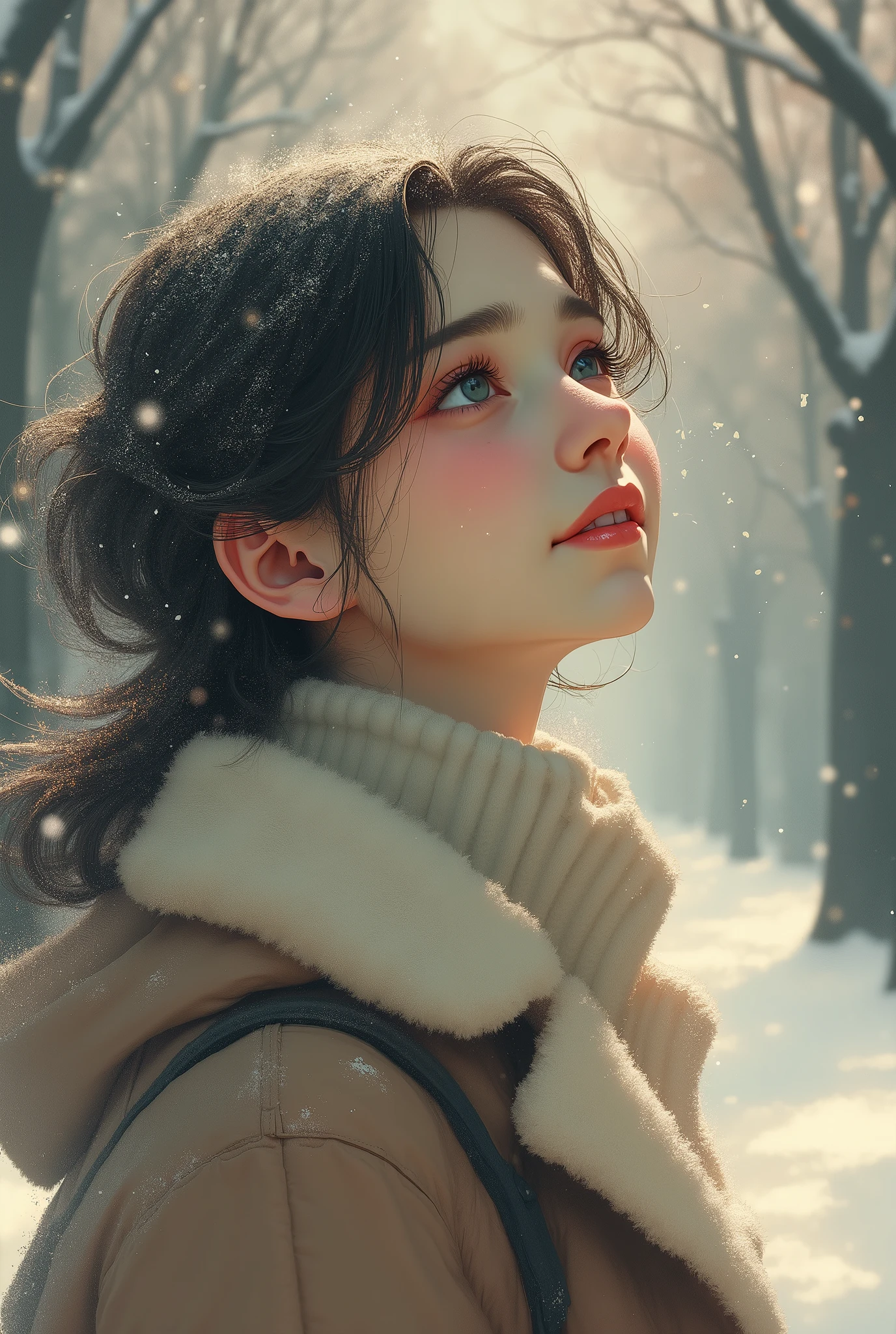 1 girl, Japanese,winter,(Upper body close-up),Woman walking along a tree-lined street where powder snow flutters ,Front ,Asahi, beautiful gradation , is written in depth, Particles of light and powder snow fluttering in the air gently envelop her, stylish warm jacket , facial hair , beautiful faces, woman looks up at the sky , beautiful hair fluttering in the wind, White Breath, nostalgic, calm,A woman waving her hands with a gentle smile, Aerial Photography,(Don't draw text)