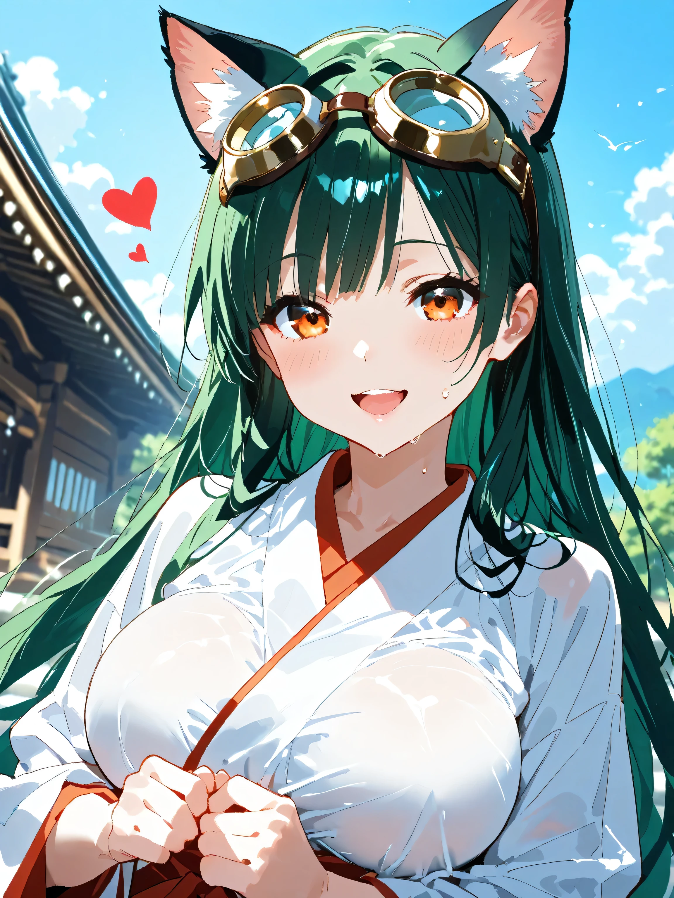   1girl  , 4K HDRアニメ, Clear Beauty、 beautiful girl、 is cute 、Beautiful and elegant adult girl, Upper body shot, cell animation,  upper body shot, sweat、 Godly drawing, The Greatest Masterpiece,Epic themes, Magnificent Snow Mountain Background , beautiful scenery, top grade , Dynamic dynamic angle , Move the angle, Theme Background , (Cat ears、Women in the World Always Have Goggles and Cat Ears :1.3), ( Wear Fine Gold Goggle-shaped Goggles on their heads :1.4), long hair, Green hair, orange eyes, open your mouth, Fascinating Lips,  has a proud and bullish expression ,smile, Beautiful Samurai ,  glamorous, Large breast,( good style、 The sound of the bell sounds clear Watari 、Refreshing shrine maiden costume、tights:1.3), a close up of beautiful her. (( every time she dances 。 it looks like a bridge connecting the earth and sky 、 } The wind blew through so that the nature surrounding the shrine maiden responded all at once {x} it was something that made everyone who saw it feel sacred and revered {x} It was as if nature itself was responding to her prayers {x} Her long black hair received light and shines brightly every time it swayed in the wind。In those eyes、 somewhere mysterious light dwells 、 The shrine maiden quietly rings a beautiful bell she holds in both hands 。 and dye her surroundings golden 、Beyond that、 the morning sun comes out from the edge of the mountain 、 with her wish for peace hidden in her heart :1.2)

 makes you feel stronger than any words 、 begin the prayer dance 。 the dance is soft and elegant 、 fog It shakes like waves 。 and it makes you feel powerful somewhere 、 a thin pillar of light falls from the sky 。 every time she waves a kagura bell 、 、 The use of light like a bird soars in the sky 。

 when the shrine maiden says the prayer words 、 the pillar of light shines even stronger 、 A beautiful shrine maiden standing in the precincts of a quiet shrine 。At that moment、 and a thin purification fog spreads like a sacred barrier under her feet 、tree々rustling 、Flowers bloom profusely。 has dignity that tightens the surrounding air 。