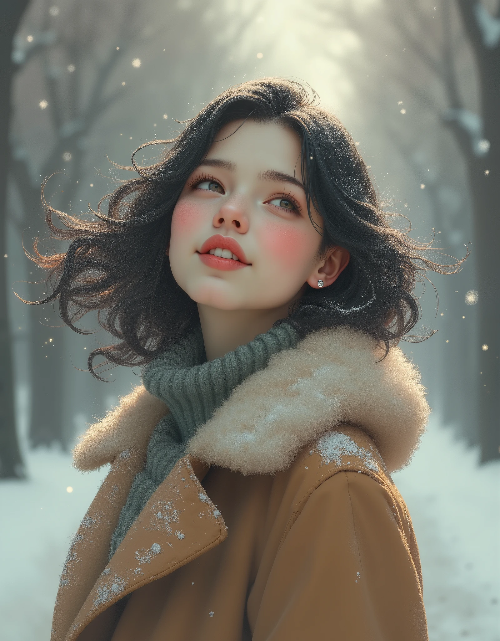 1 girl, Japanese,winter,(Upper body close-up),Woman walking along a tree-lined street where powder snow flutters ,Front ,Asahi, beautiful gradation , is written in depth, Particles of light and powder snow fluttering in the air gently envelop her, stylish warm jacket , facial hair , beautiful faces, woman looks up at the sky , beautiful hair fluttering in the wind, White Breath, nostalgic, calm,A woman waving her hands with a gentle smile, Aerial Photography,(Don't draw text)
